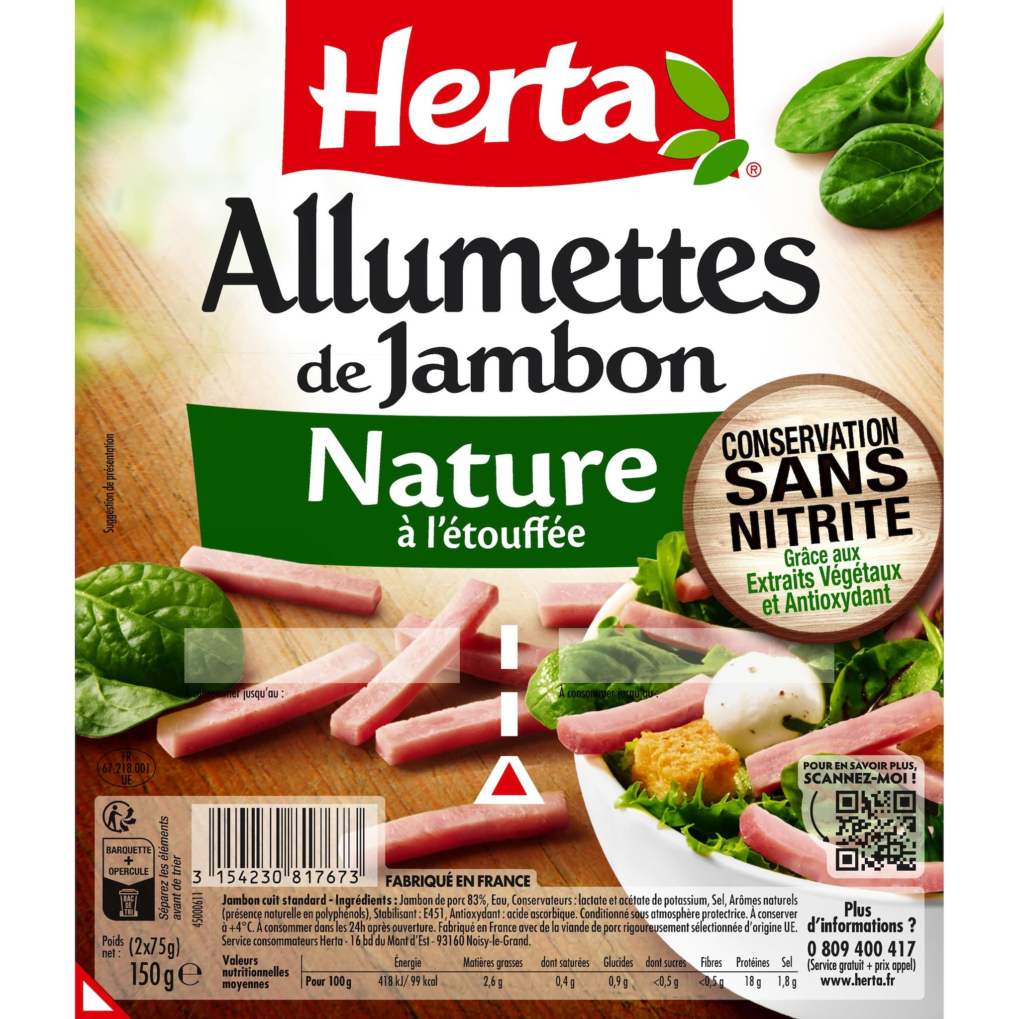HERTA Allumettes de jambon nature sans nitrite 2x75g