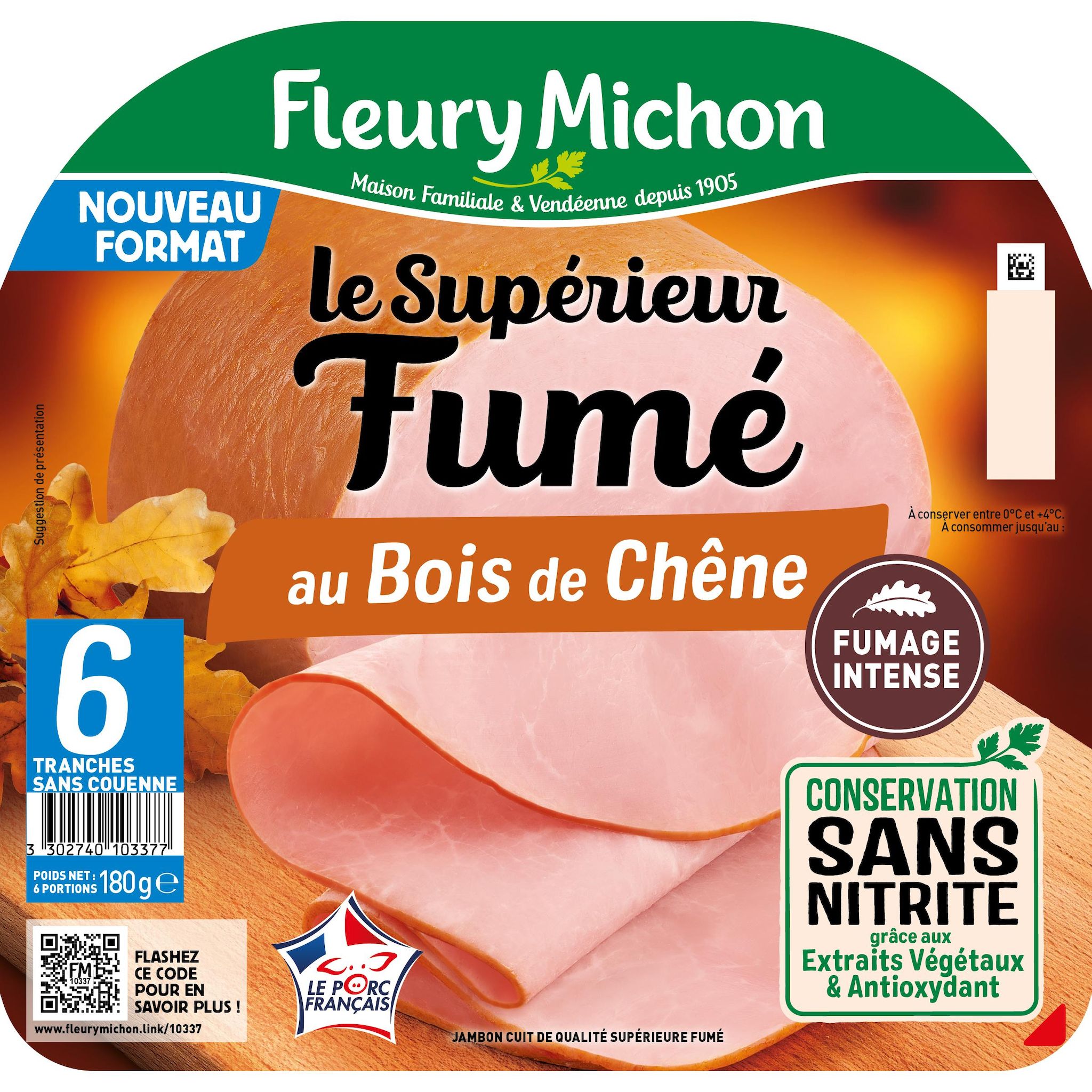 FLEURY MICHON Jambon le Supérieur fumé au bois de chêne sans couenne sans nitrite 6 tranches 180g