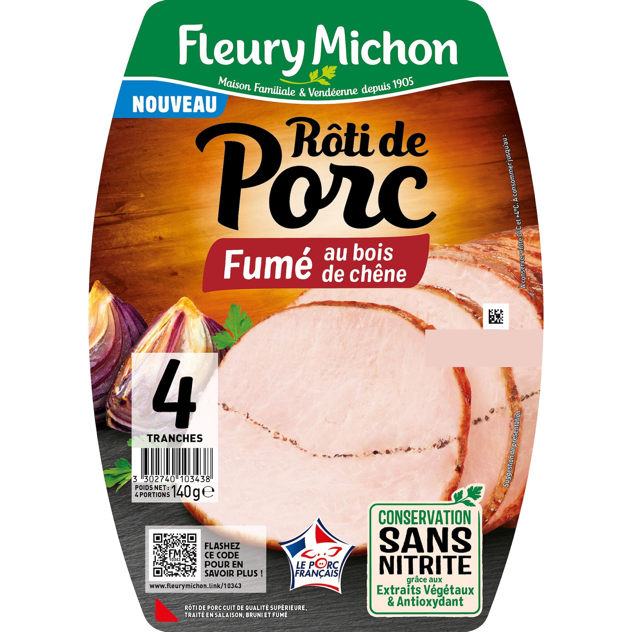 FLEURY MICHON Rôti de porc fumé au bois de chêne conservation sans nitrite 4 tranches 140g