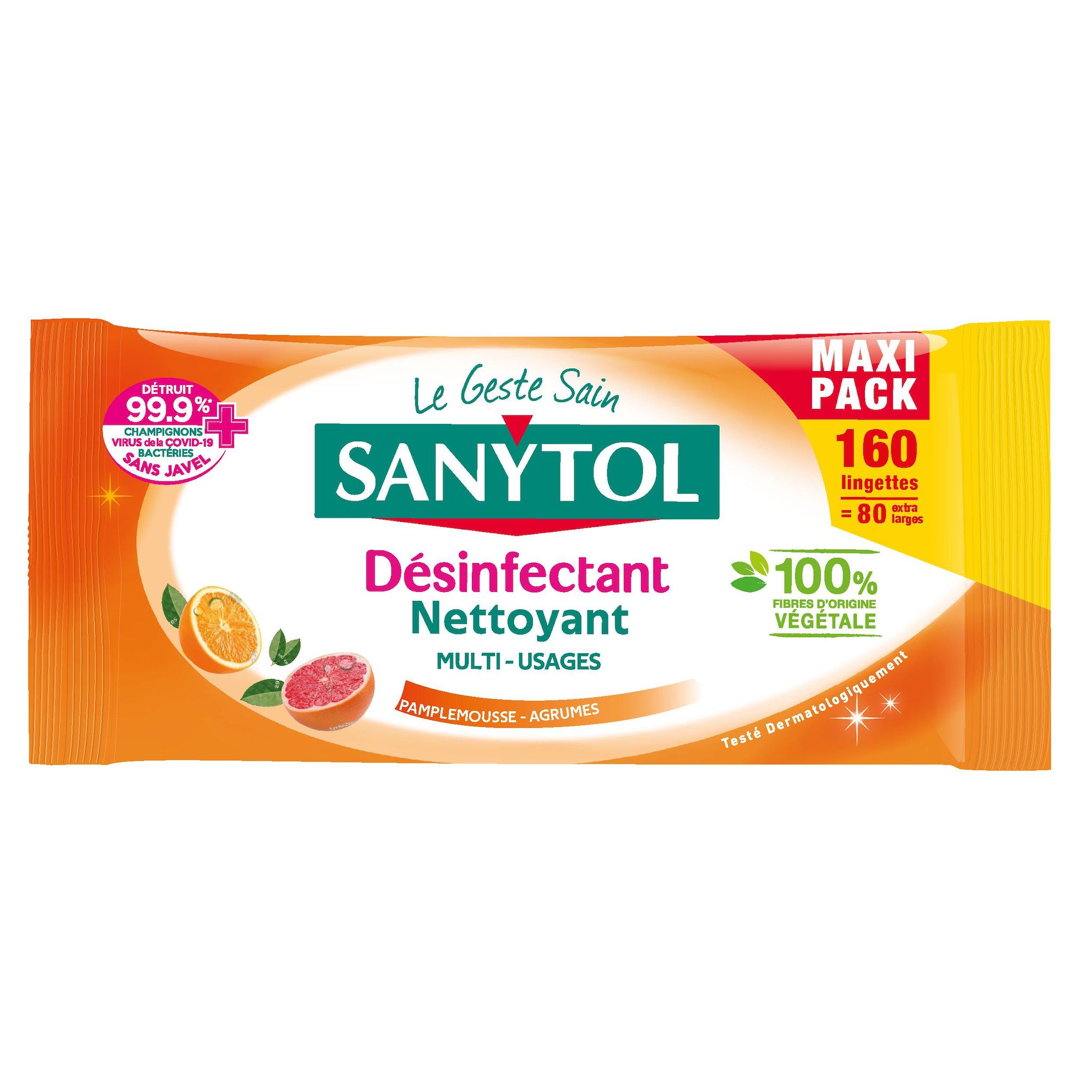 SANYTOL Lingettes désinfectantes multi-usages sans javel pamplemousse 160 lingettes