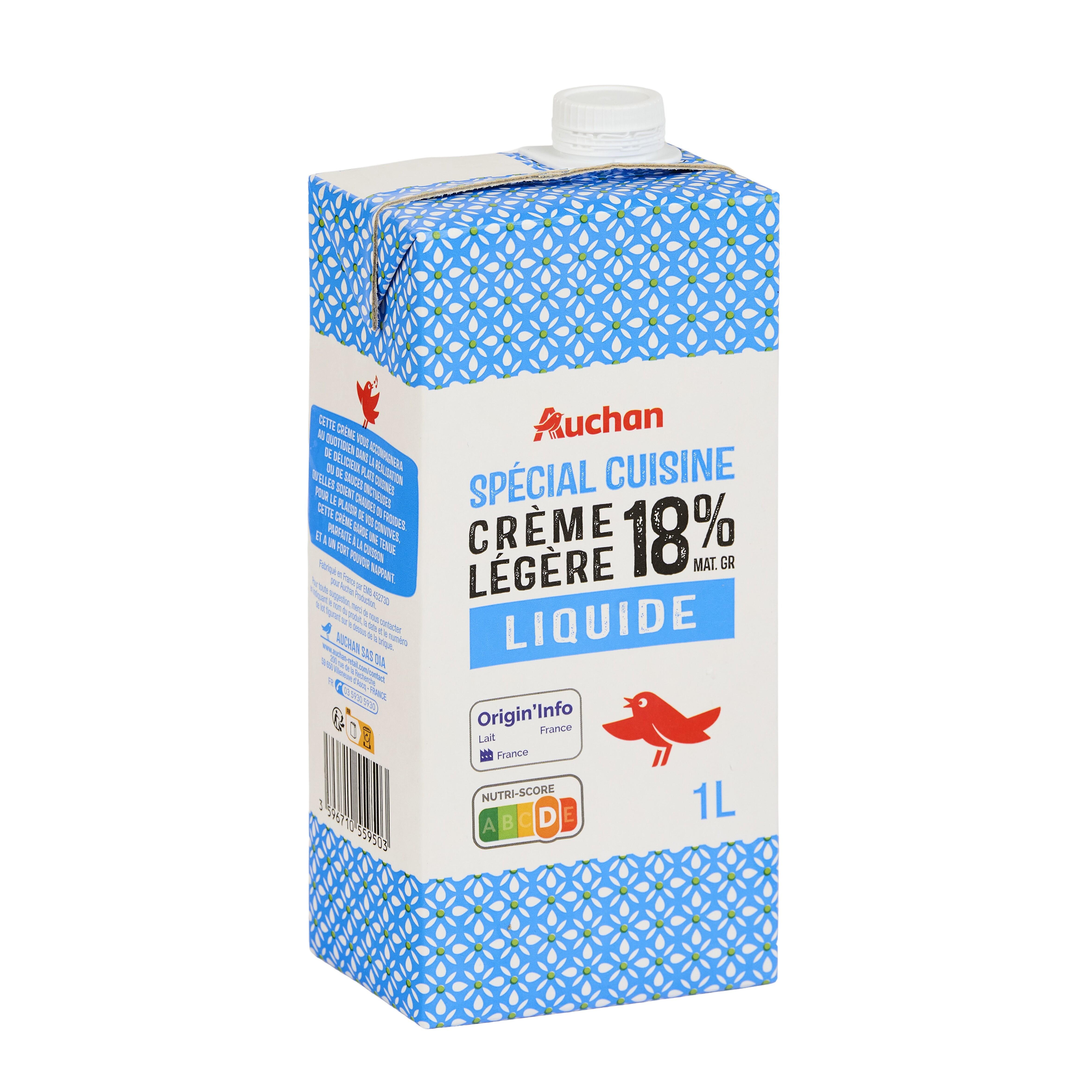 Voir la diapositive 2 : AUCHAN Crème semi-épaisse légère 18%MG 1l