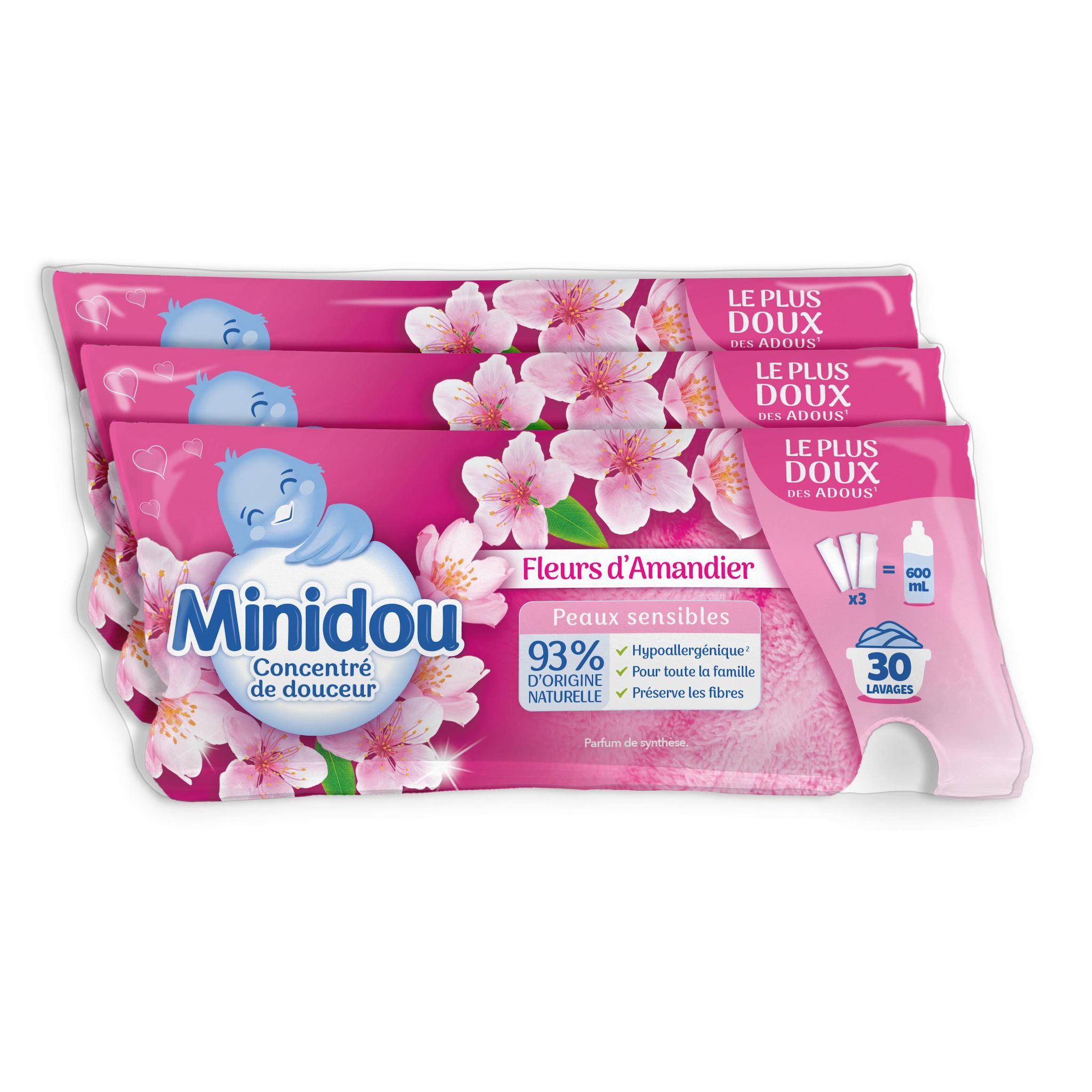 MINIDOU Adoucissant berlingot hypoallergénique 97% d'ingrédients d'origine naturelle fleurs d'amandier peaux sensibles 3x200ml