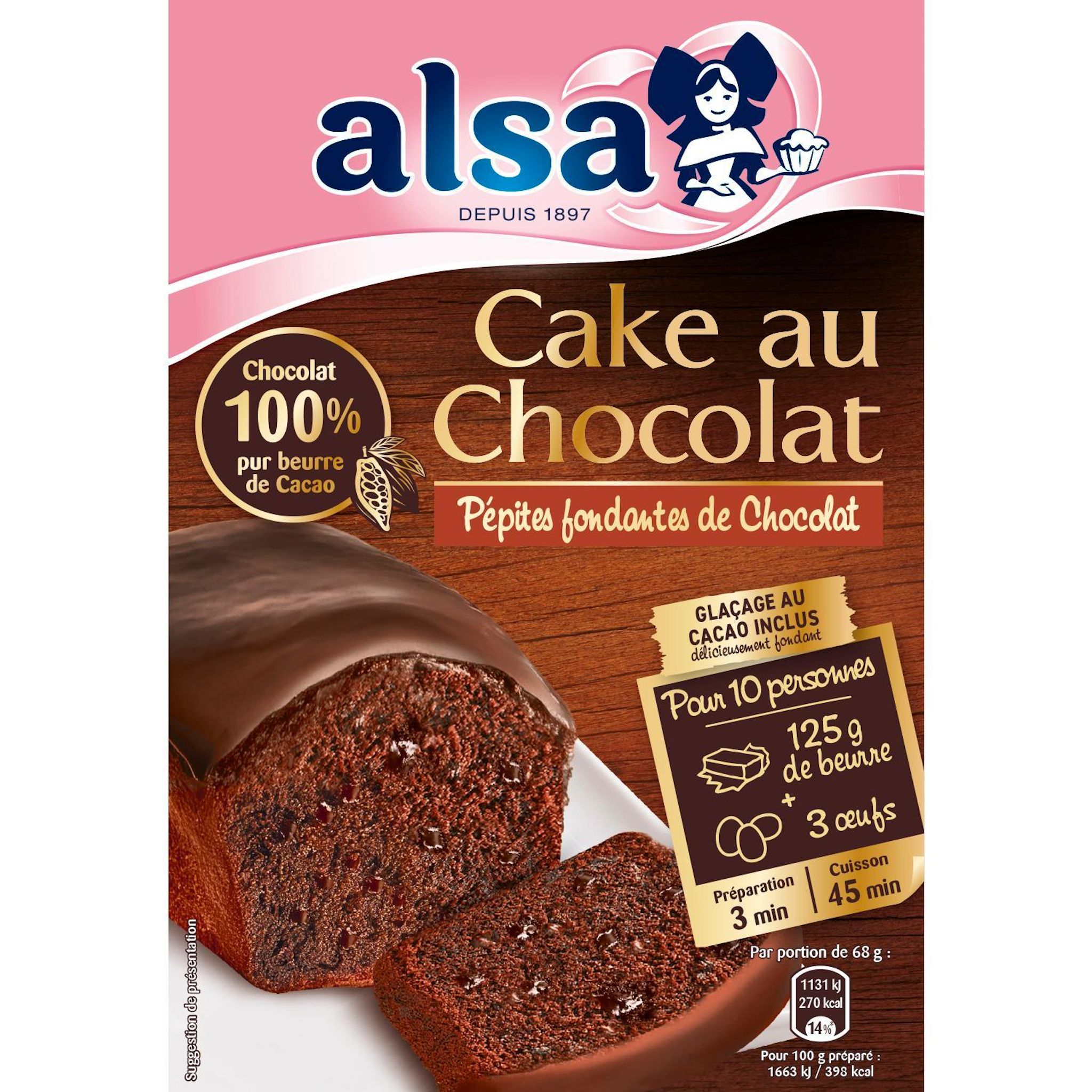 ALSA Préparation pour cake au chocolat avec pépites de chocolat fondantes 10 parts 400g