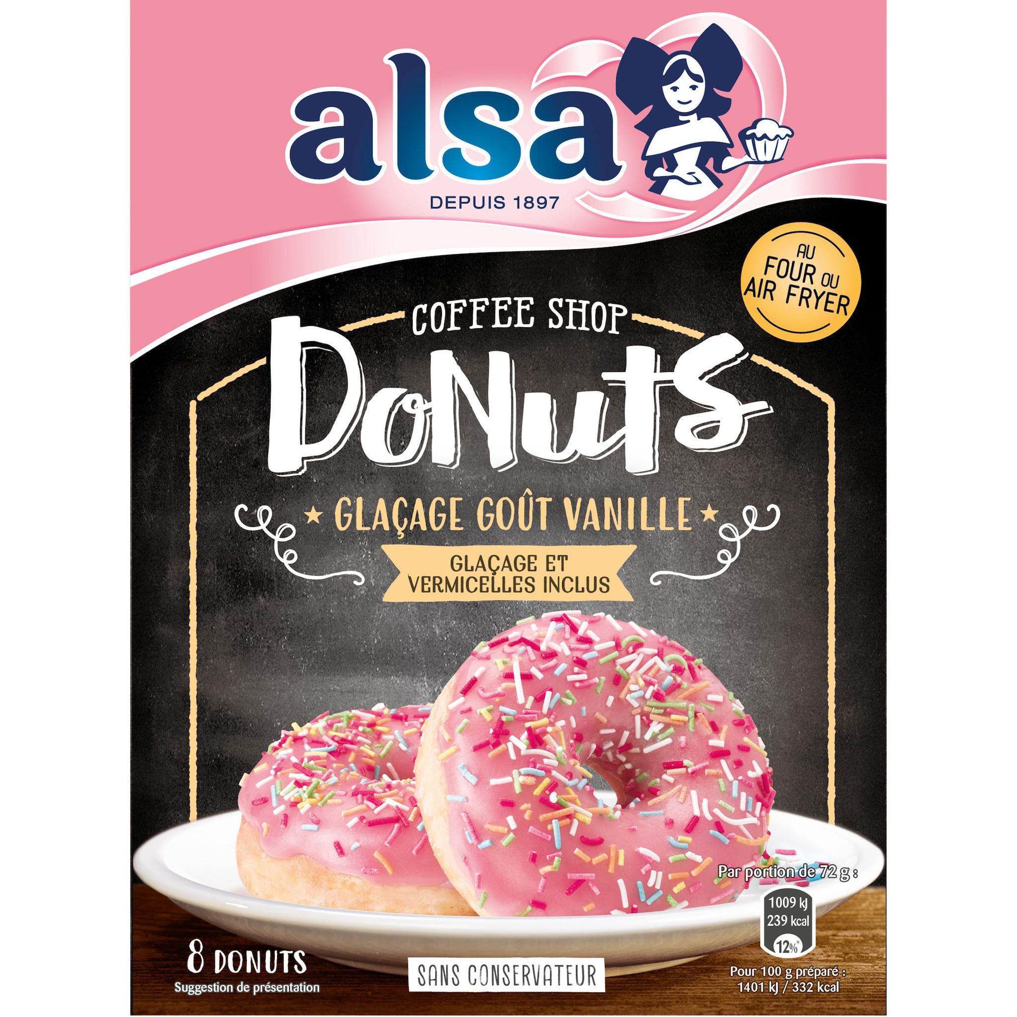 ALSA Préparation pour donuts avec glaçage goût vanille et vermicelles 8 donuts 410g