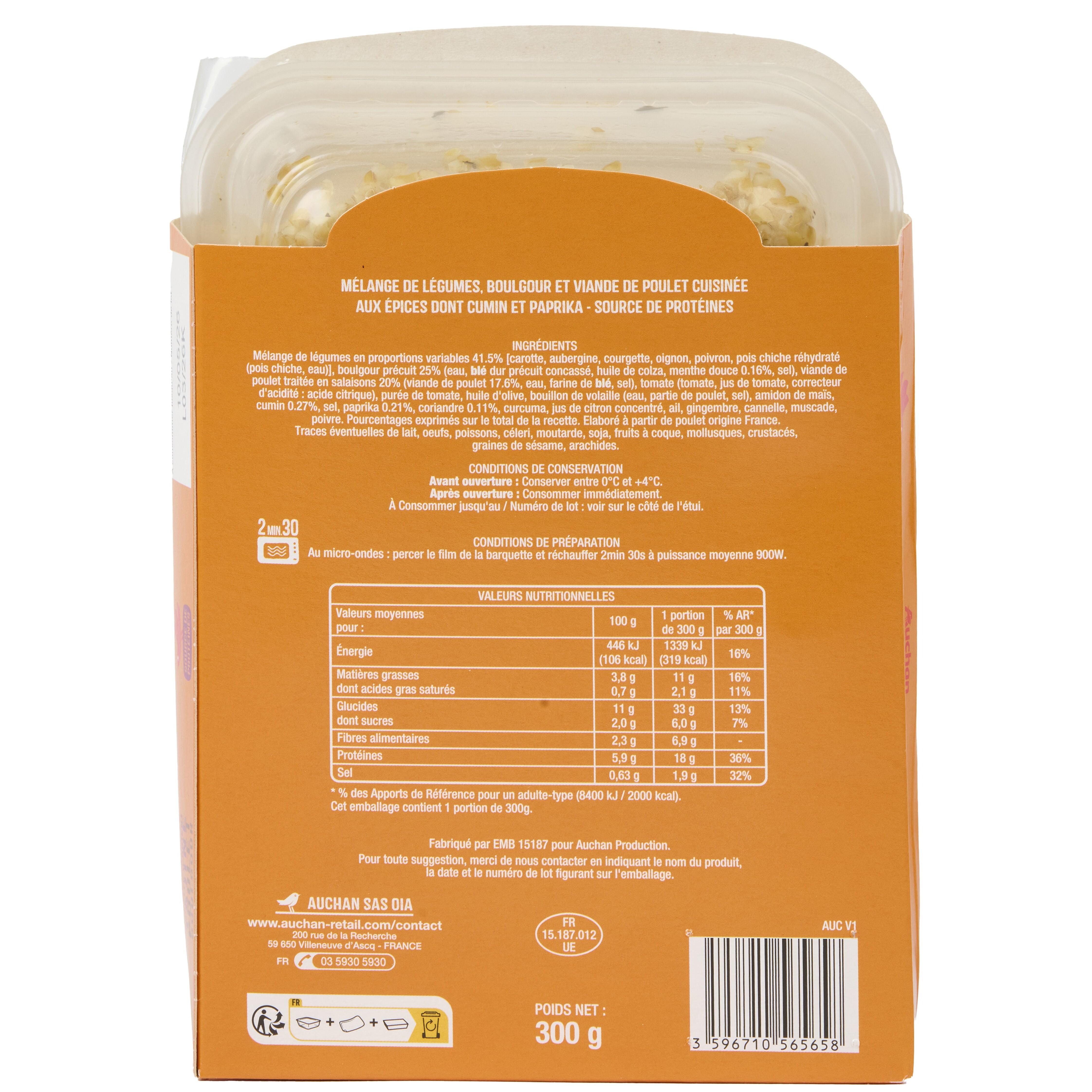 Voir la diapositive 2 : AUCHAN Tajine poulet légumes et boulgour prêt à consommer 300g