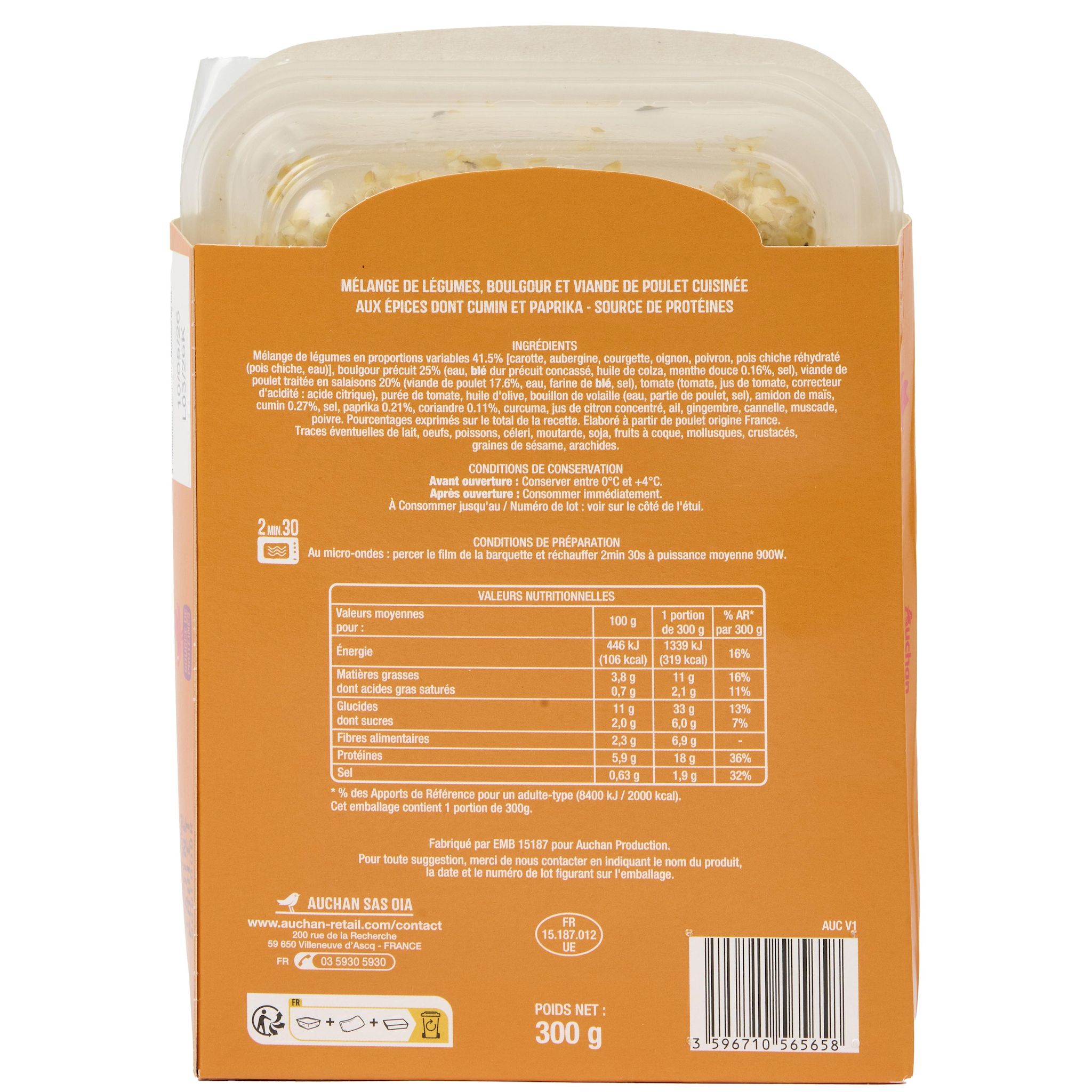 Voir la diapositive 3 : AUCHAN Tajine poulet légumes et boulgour prêt à consommer 300g