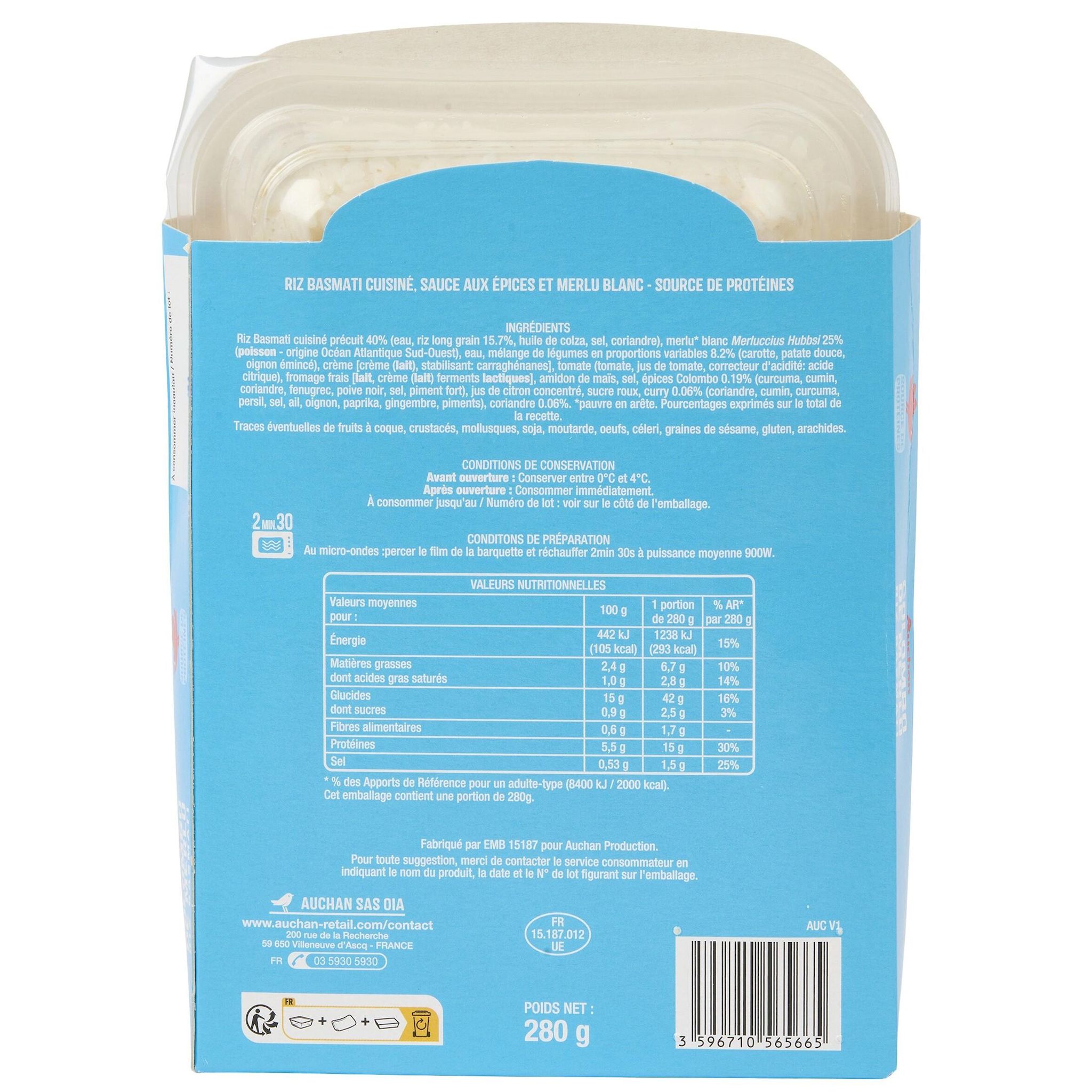 Voir la diapositive 2 : AUCHAN Colombo merlu et riz basmati 280g