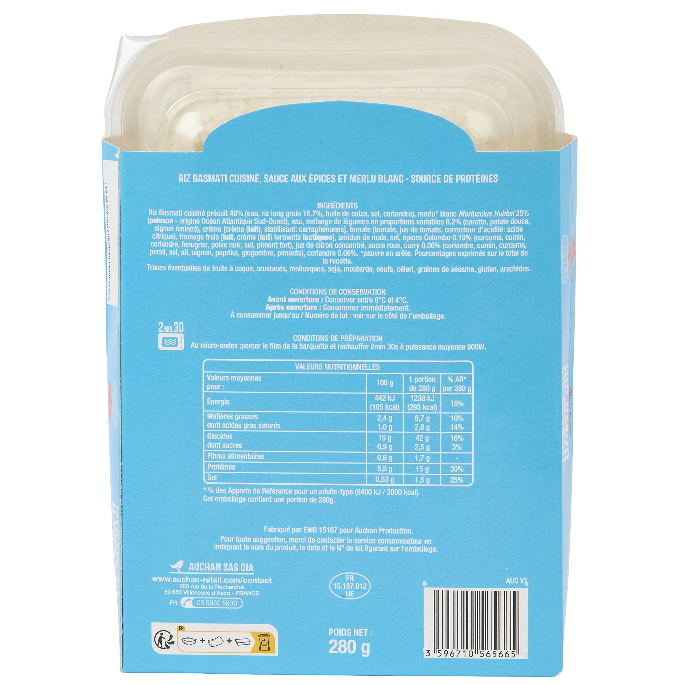 Voir la diapositive 3 : AUCHAN Colombo merlu et riz basmati 1 part 280g