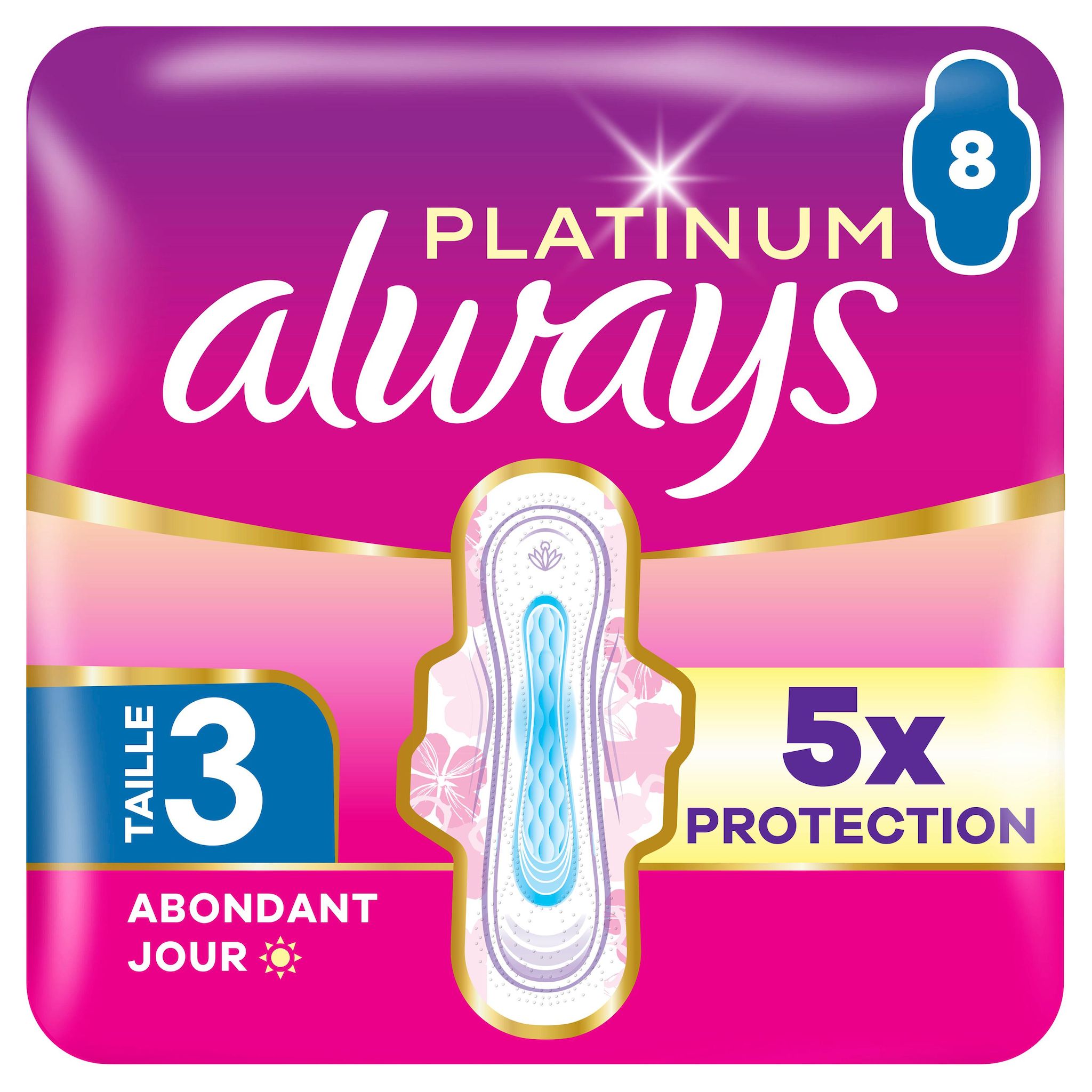 ALWAYS Platinum Serviettes hygiéniques avec ailettes flux abondant jour taille 3 8 serviettes
