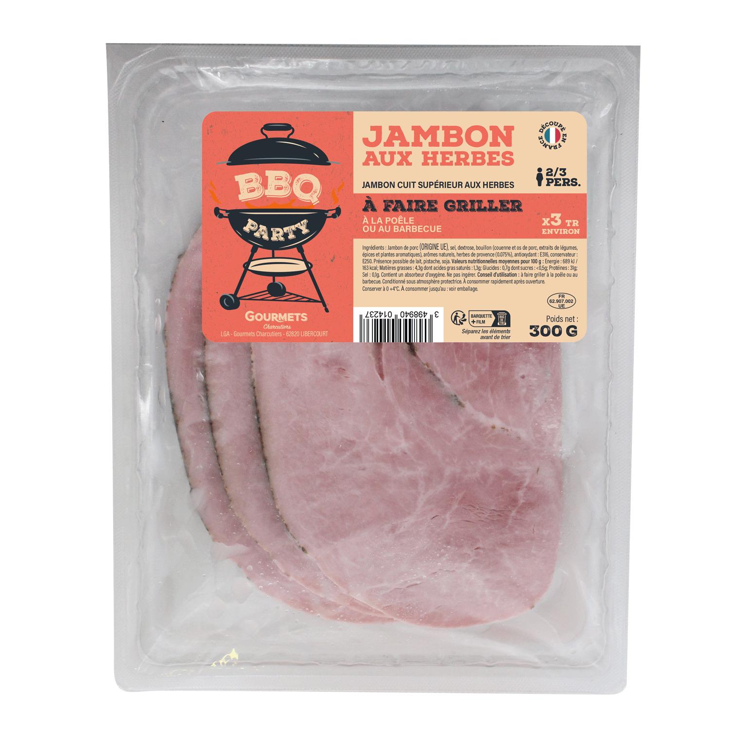 GOURMETS DE L'ARTOIS Jambon cuit supérieur aux herbes à griller Env 3 tranches 300g