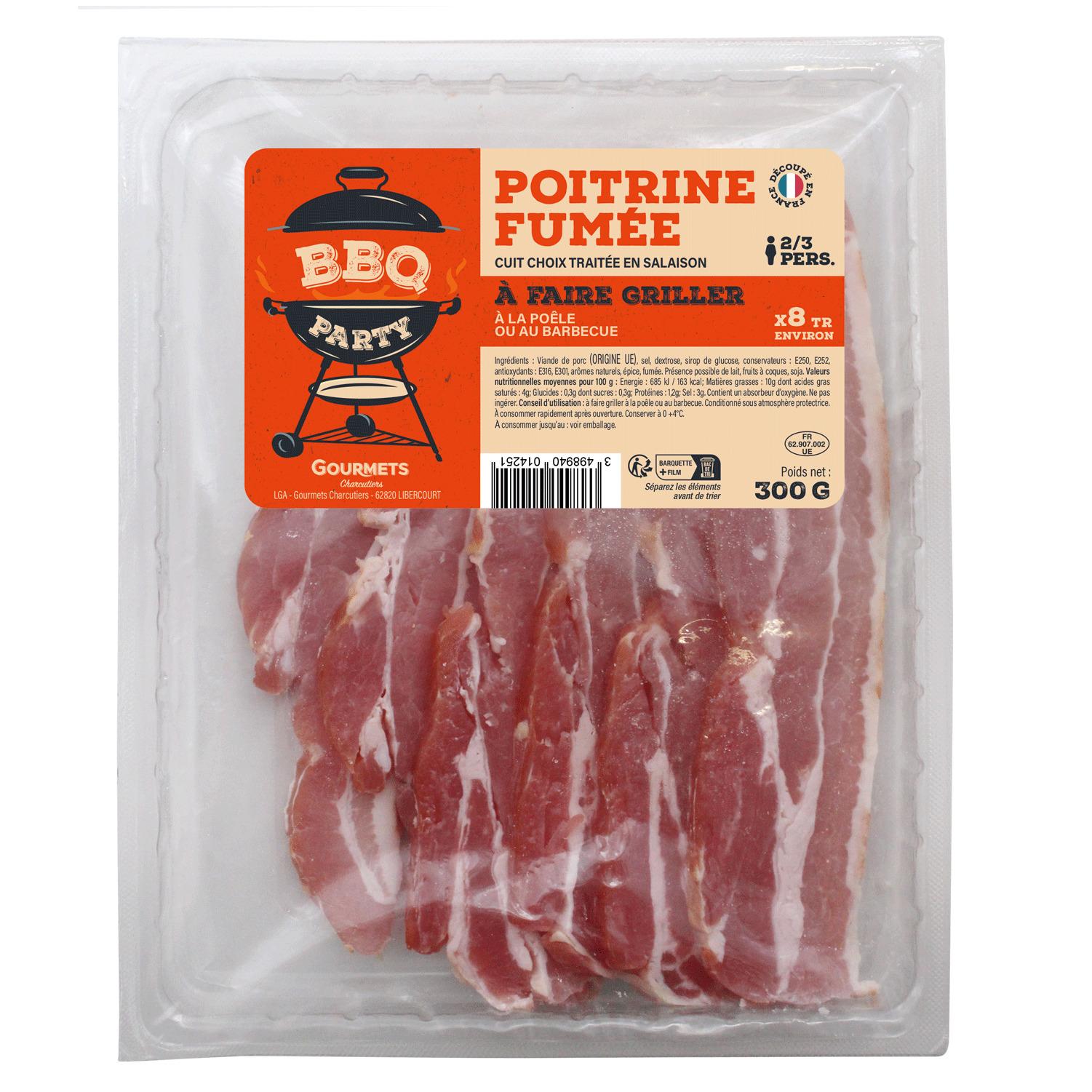 GOURMETS DE L'ARTOIS Poitrine fumée à griller tranches épaisses Env 8 tranches 300g