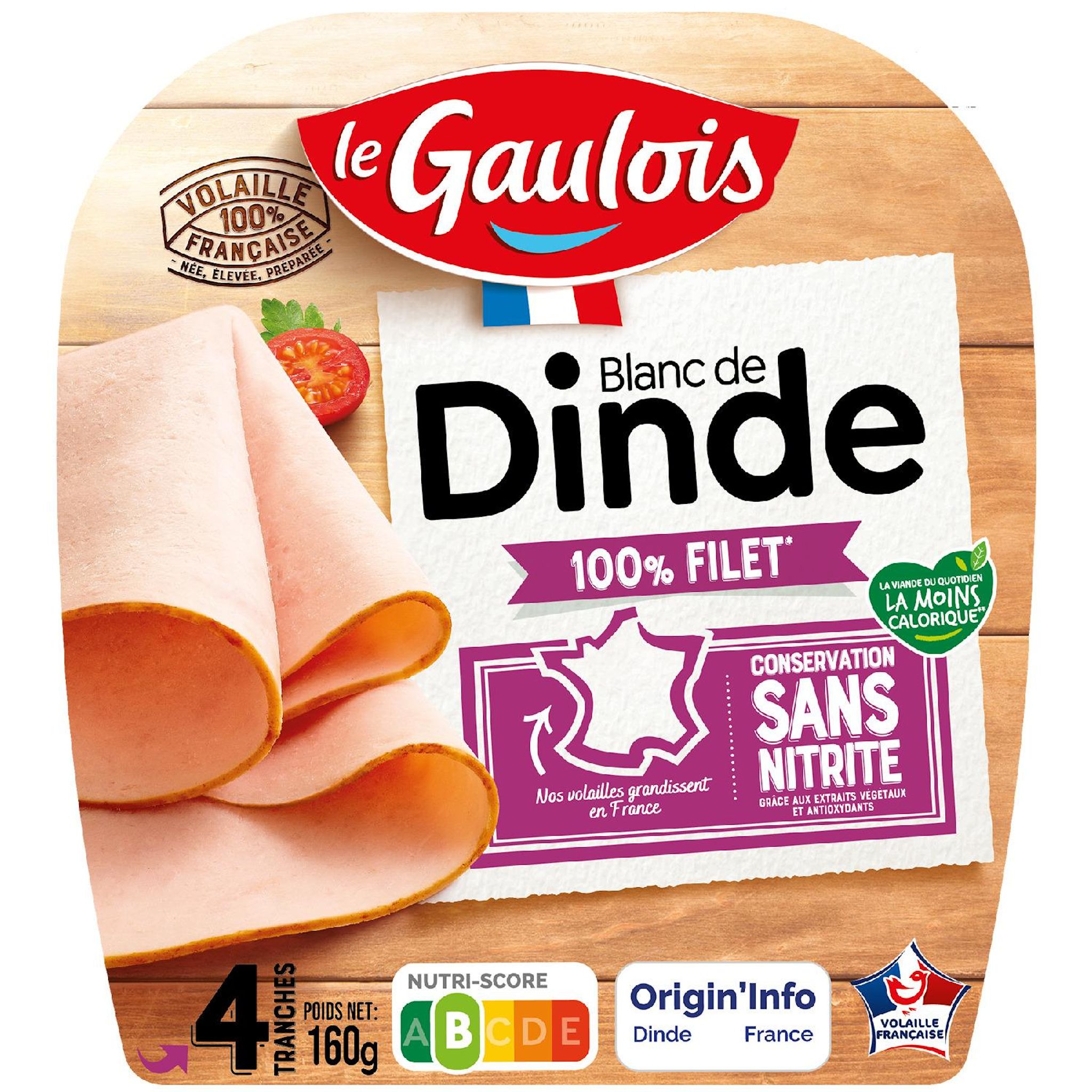 LE GAULOIS Blanc de dinde 100% filet sans nitrite 4 tranches 160g