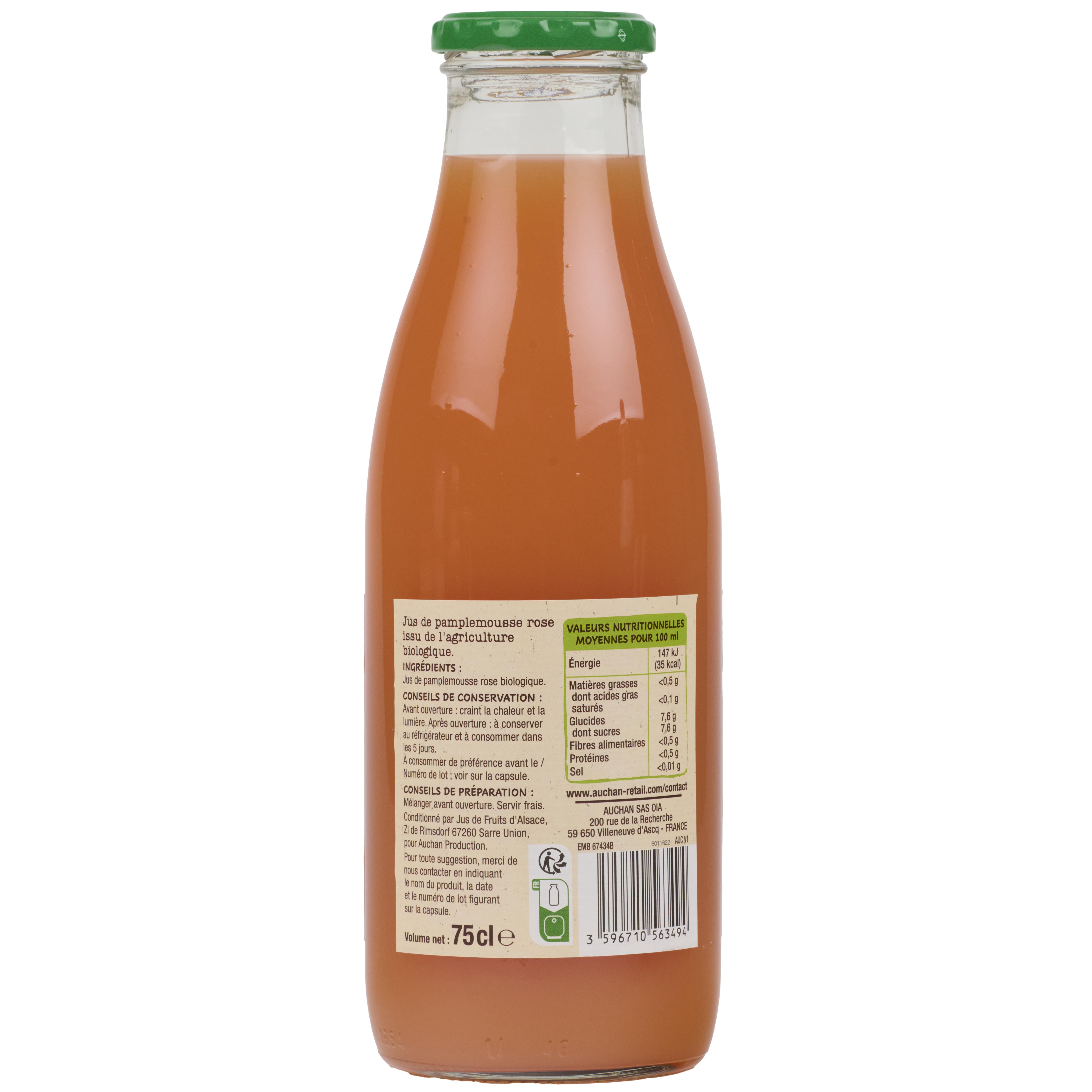 Voir la diapositive 2 : AUCHAN BIO Pur jus de pamplemousse 75cl