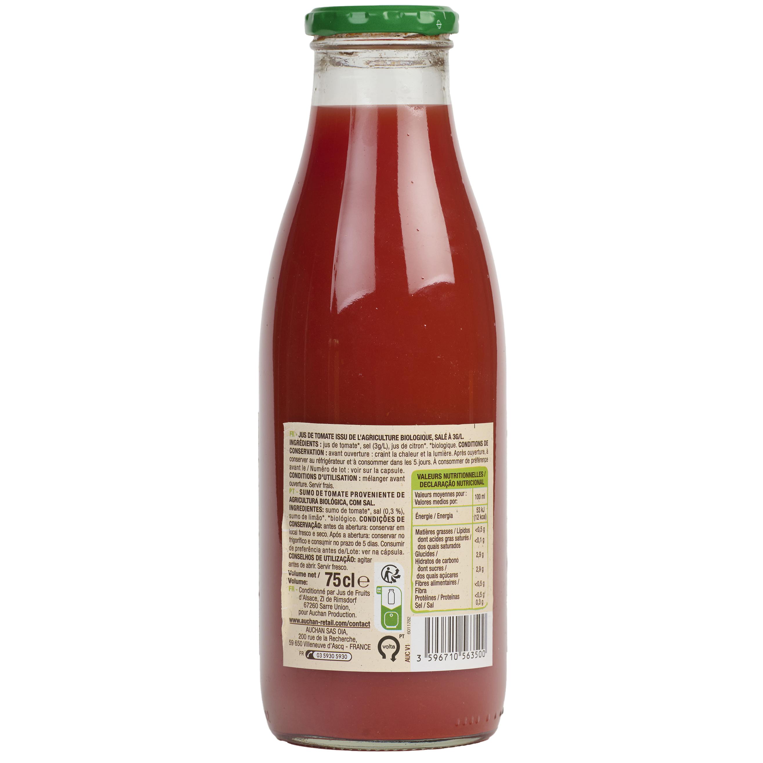 Voir la diapositive 2 : AUCHAN BIO Pur jus de tomate bouteille en verre 75cl