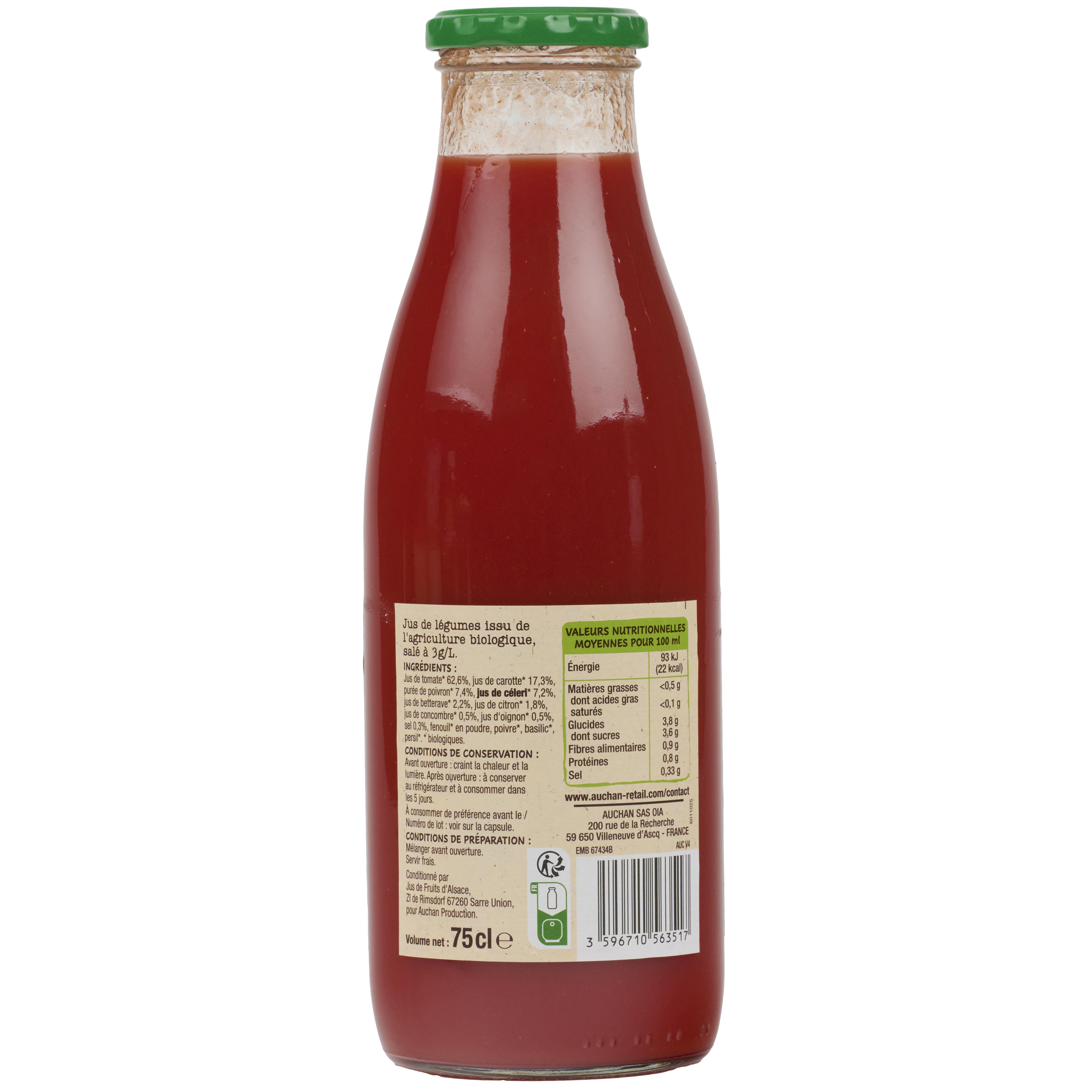 Voir la diapositive 2 : AUCHAN BIO Pur jus de légumes tomate carotte céleri bouteille verre 75cl