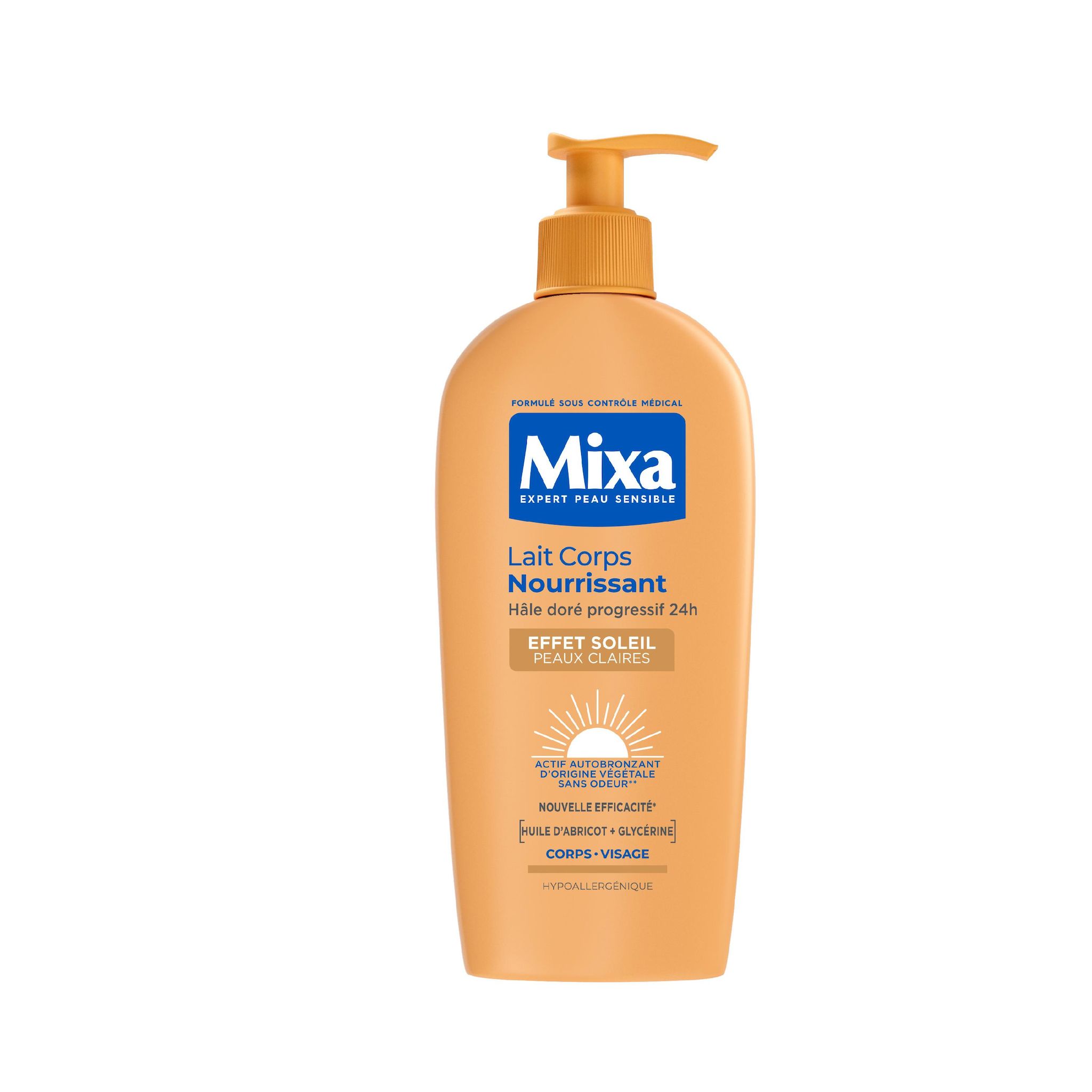 MIXA Lait corps nourrissant effet soleil peaux claires hâle doré progressif 24H huile d'abricot et glycérine corps et visage 250ml