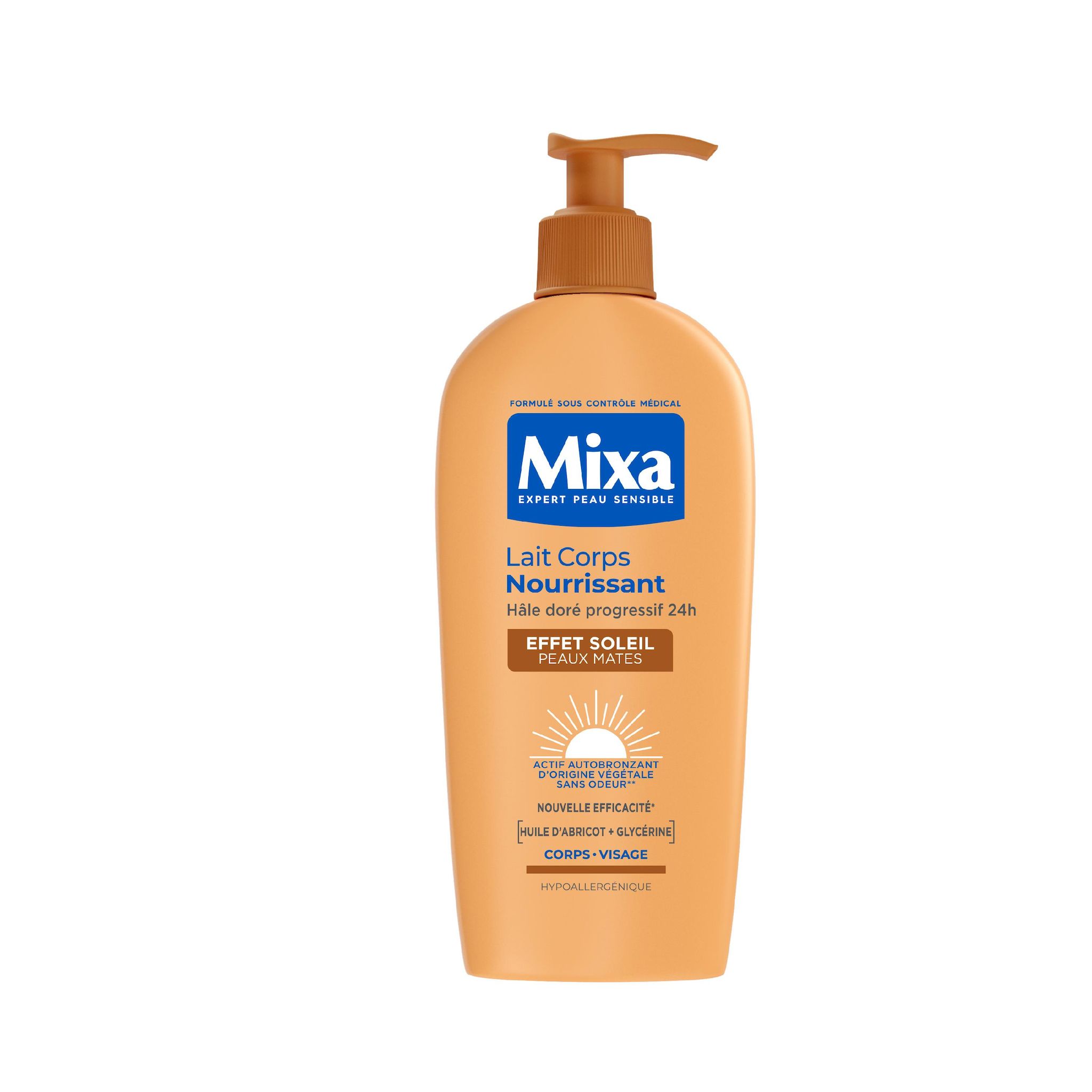 MIXA Lait corps nourrissant effet soleil peaux mates hâle doré progressif 24H huile d'abricot et glycérine corps et visage 250ml
