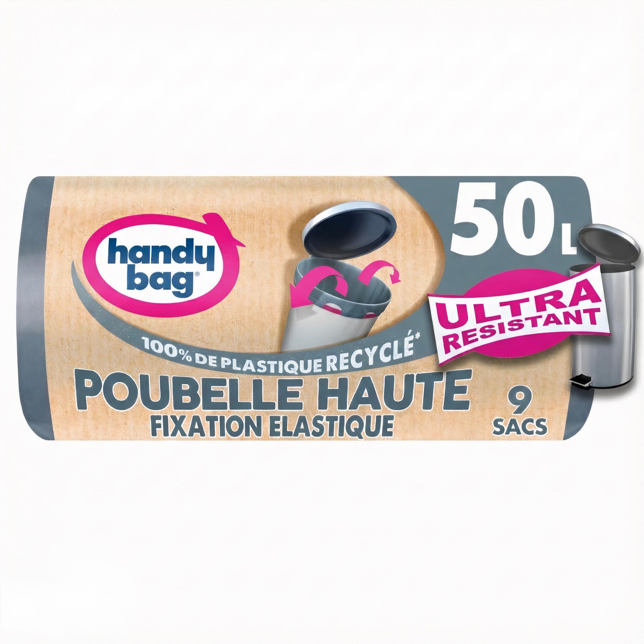 HANDY BAG Sacs poubelle haute 100% plastique recyclé fixation élastique 50l 9 sacs