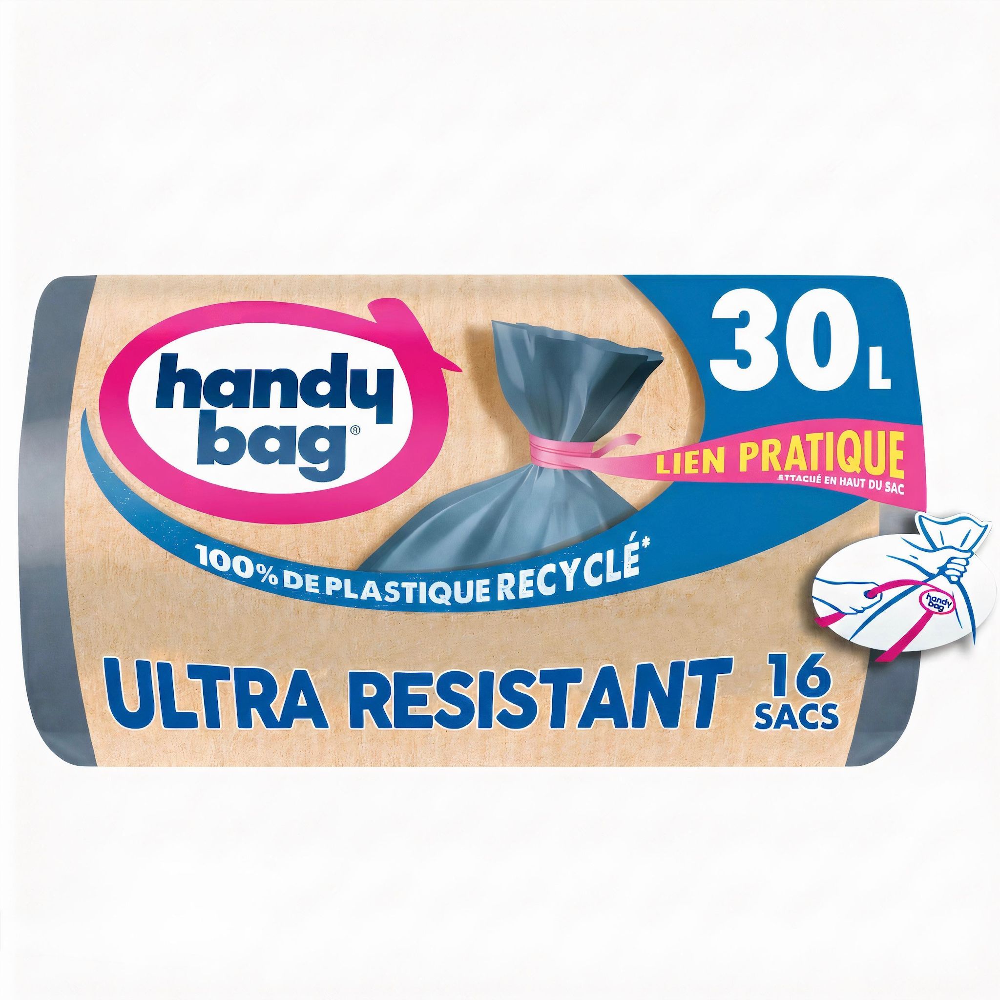 HANDY BAG Sacs poubelles ultra-résistant avec liens 30l 100% plastique recyclé 16 sacs
