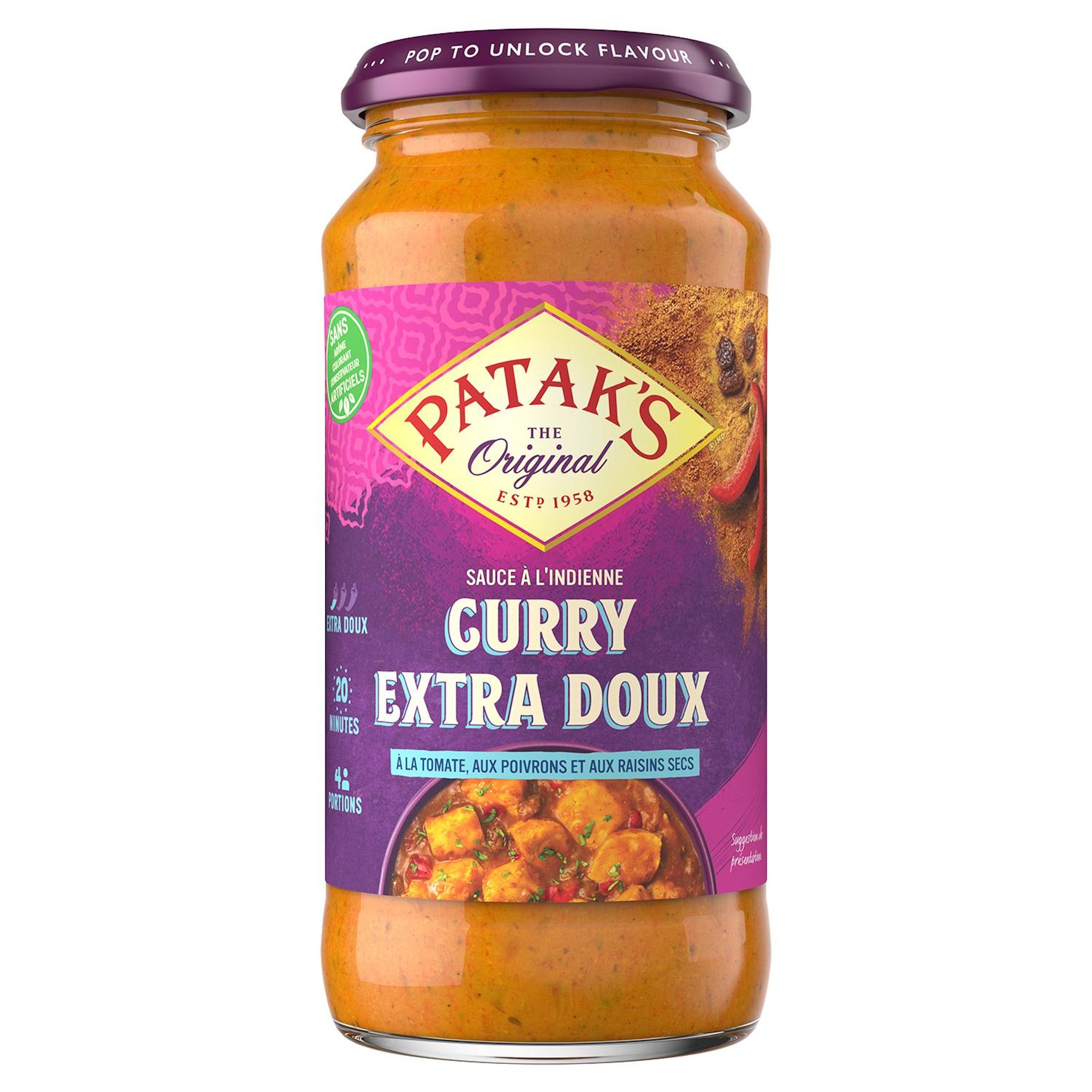 PATAK'S Sauce curry extra doux tomate poivrons rouges raisins secs 450g