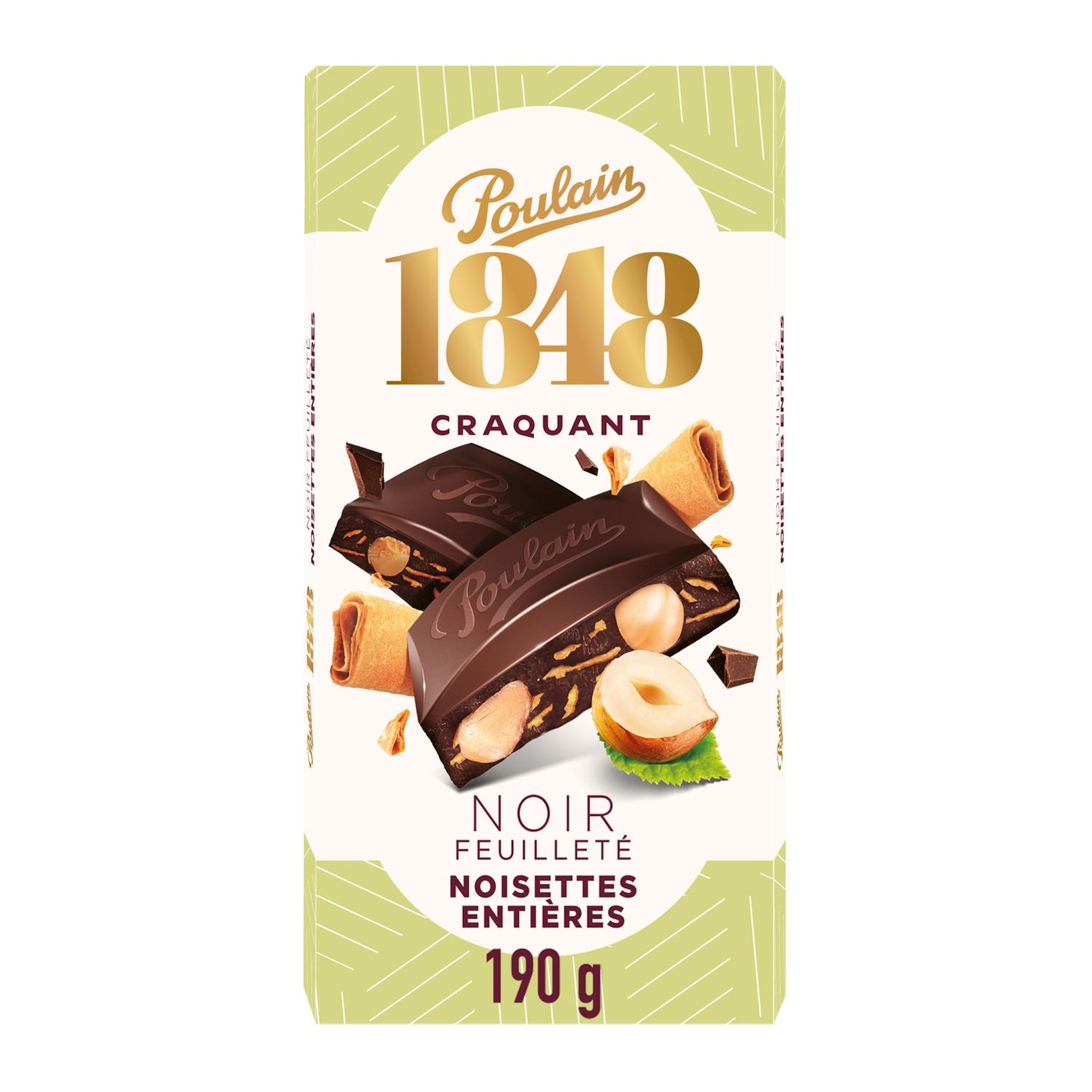 Voir la diapositive 2 : POULAIN 1848 Tablette de chocolat noir feuilleté aux noisettes entières et éclats de crêpes dentelle 190g