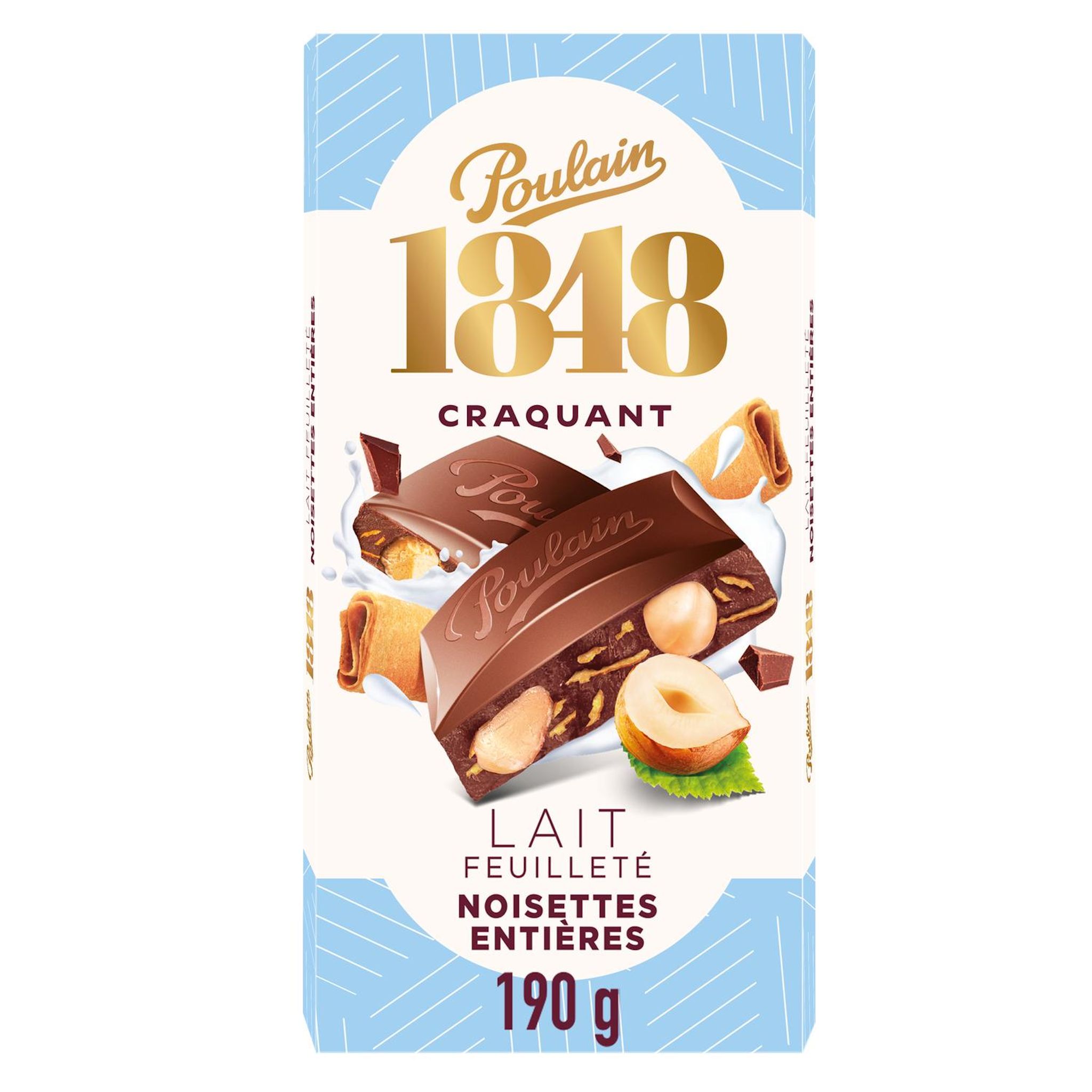 POULAIN 1848 Tablette de chocolat au lait feuilleté aux noisettes entières et éclats de crêpes dentelle 190g