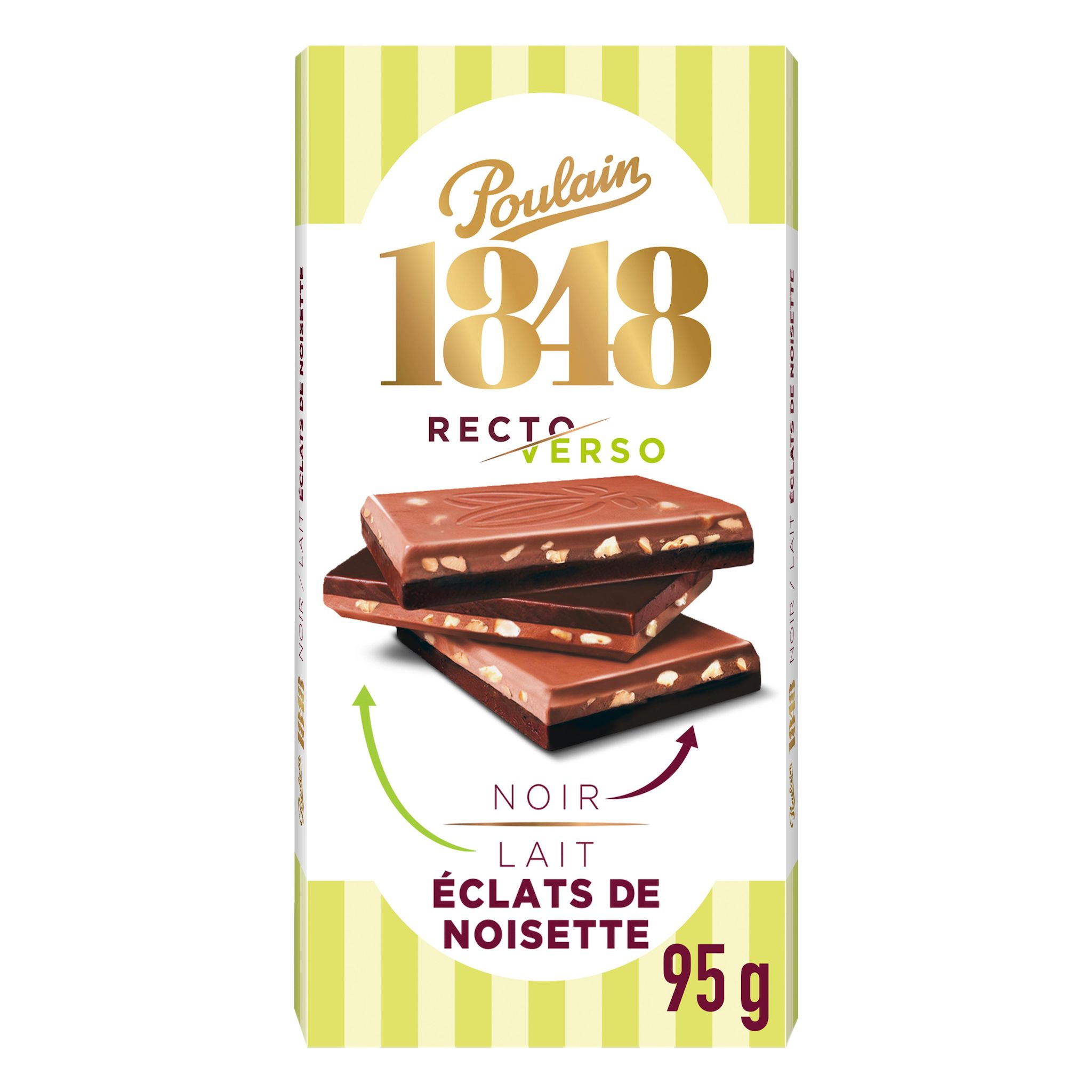 POULAIN 1848 Tablette de chocolat noir et lait aux éclats de noisette recto verso 95g