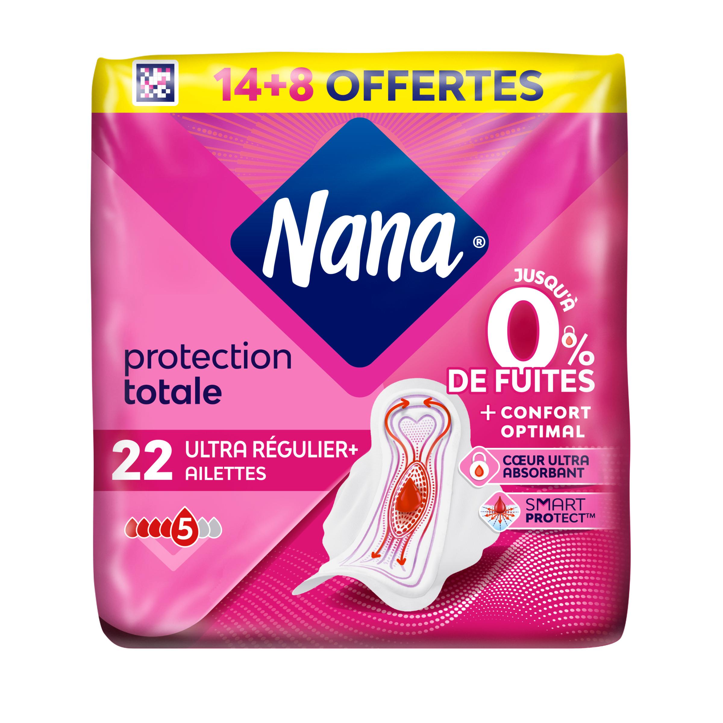 NANA Serviettes hygiéniques ultra régulier+ avec ailettes 14+8 serviettes offertes