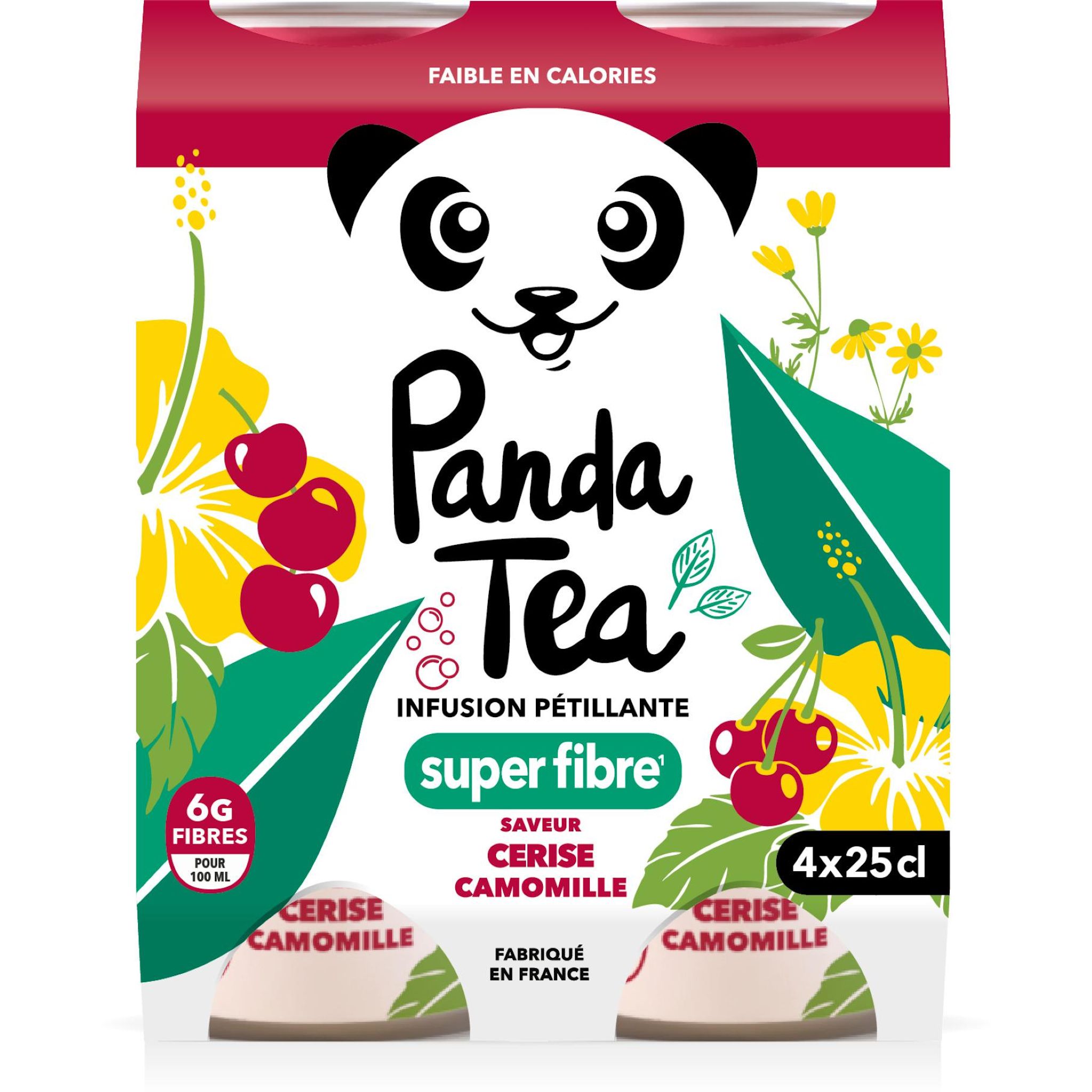 PANDA TEA Boisson infusion pétillante super fibre saveur cerise camomille boîtes 4x25cl