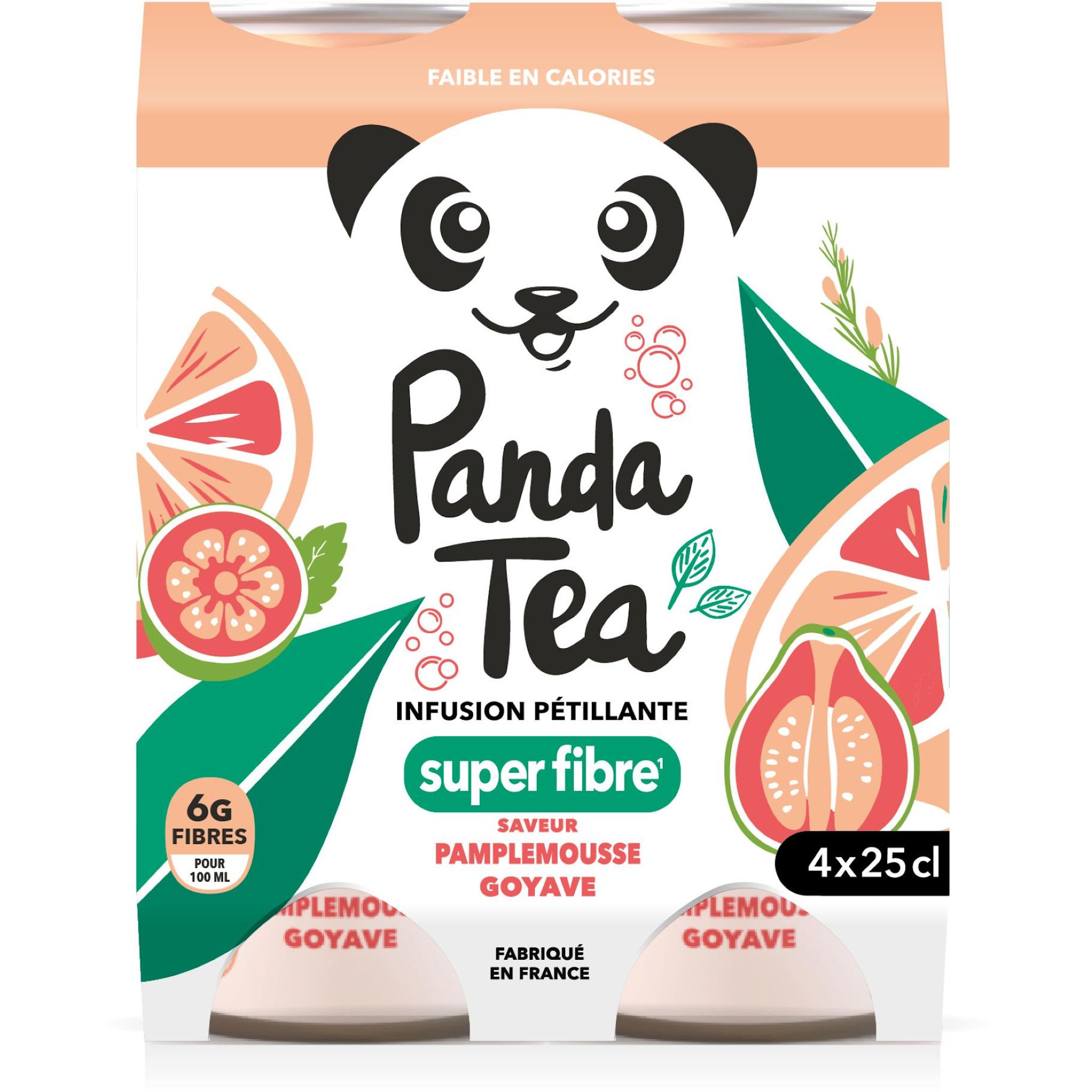 PANDA TEA Boisson infusion pétillante super fibre saveur pamplemousse goyave boîtes 4x25cl