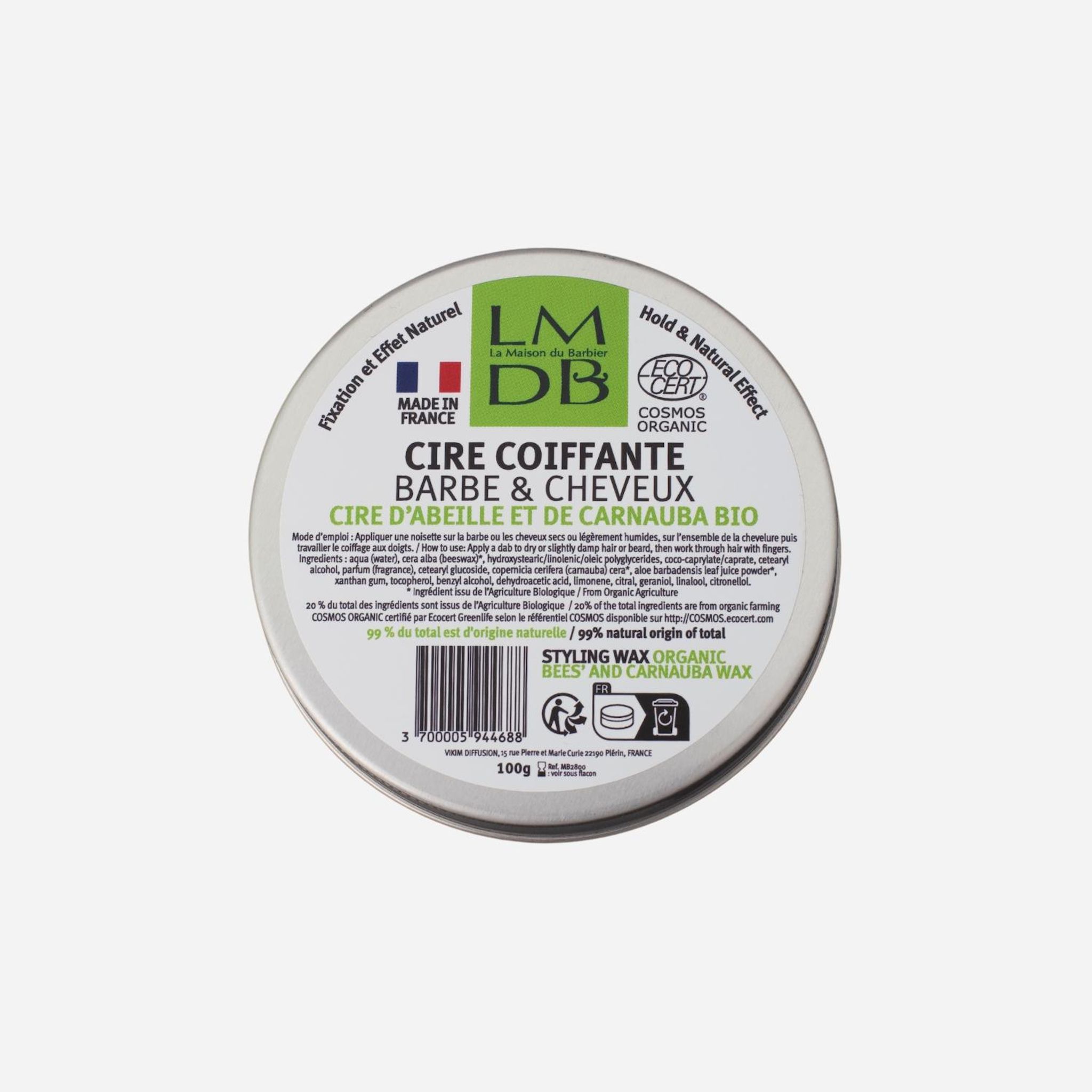 LA MAISON DU BARBIER Cire coiffante barbe et cheveux à la cire d'abeille et carnauba bio 100g