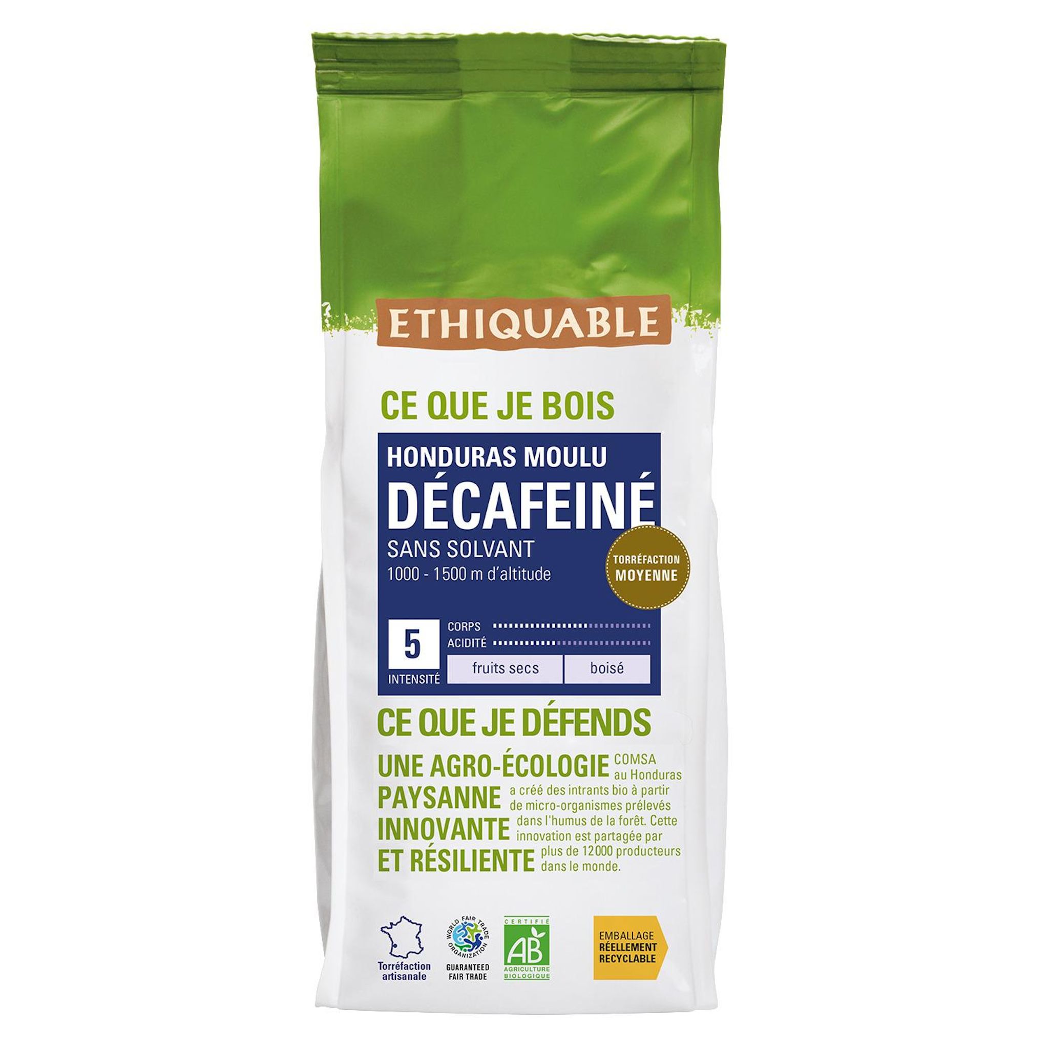 ETHIQUABLE Café Honduras moulu décaféiné intensité 5 bio 250g