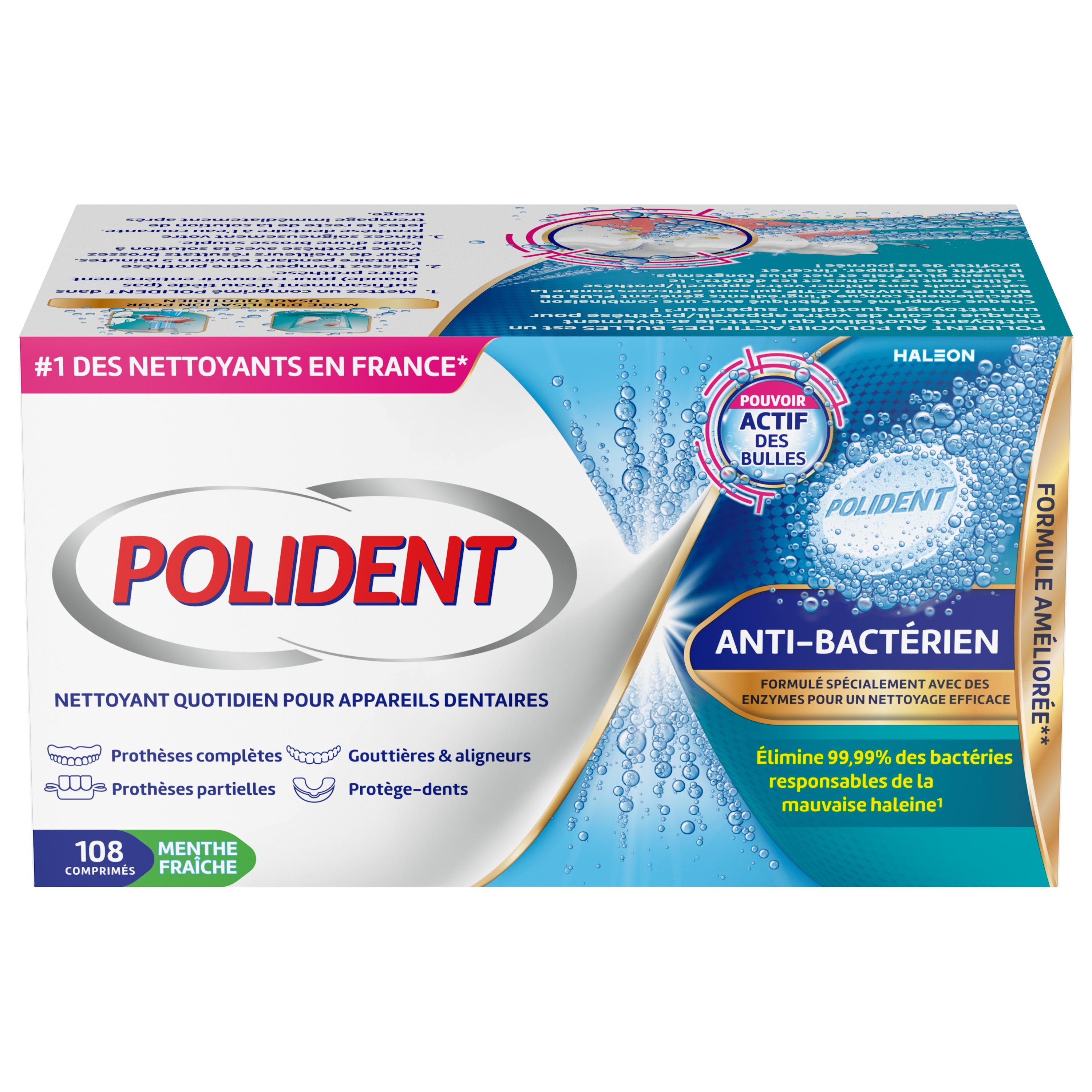 POLIDENT Nettoyant pour appareils dentaires anti bactérien pouvoir actif 108 comprimés