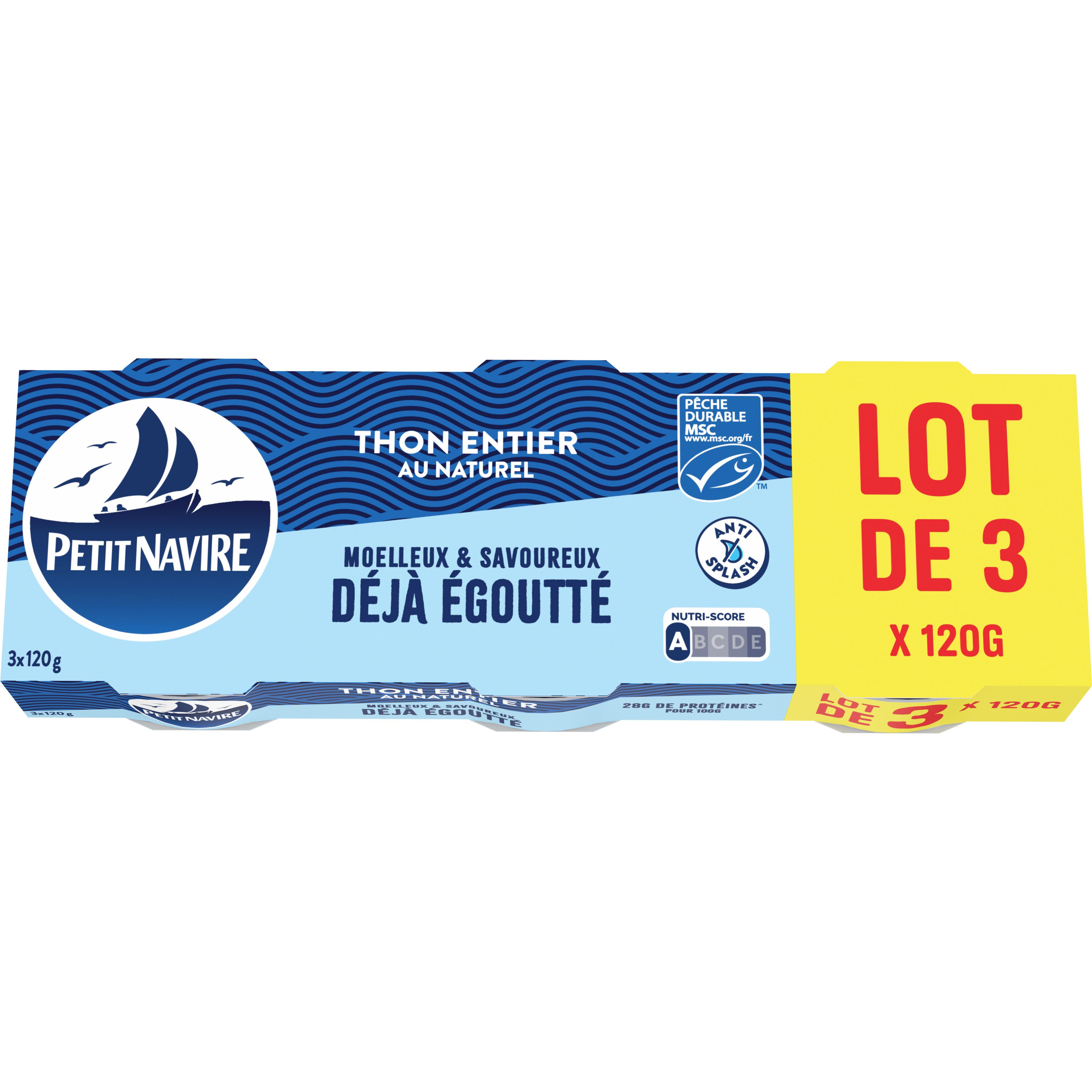 PETIT NAVIRE Thon entier au naturel égoutté MSC 3x120g