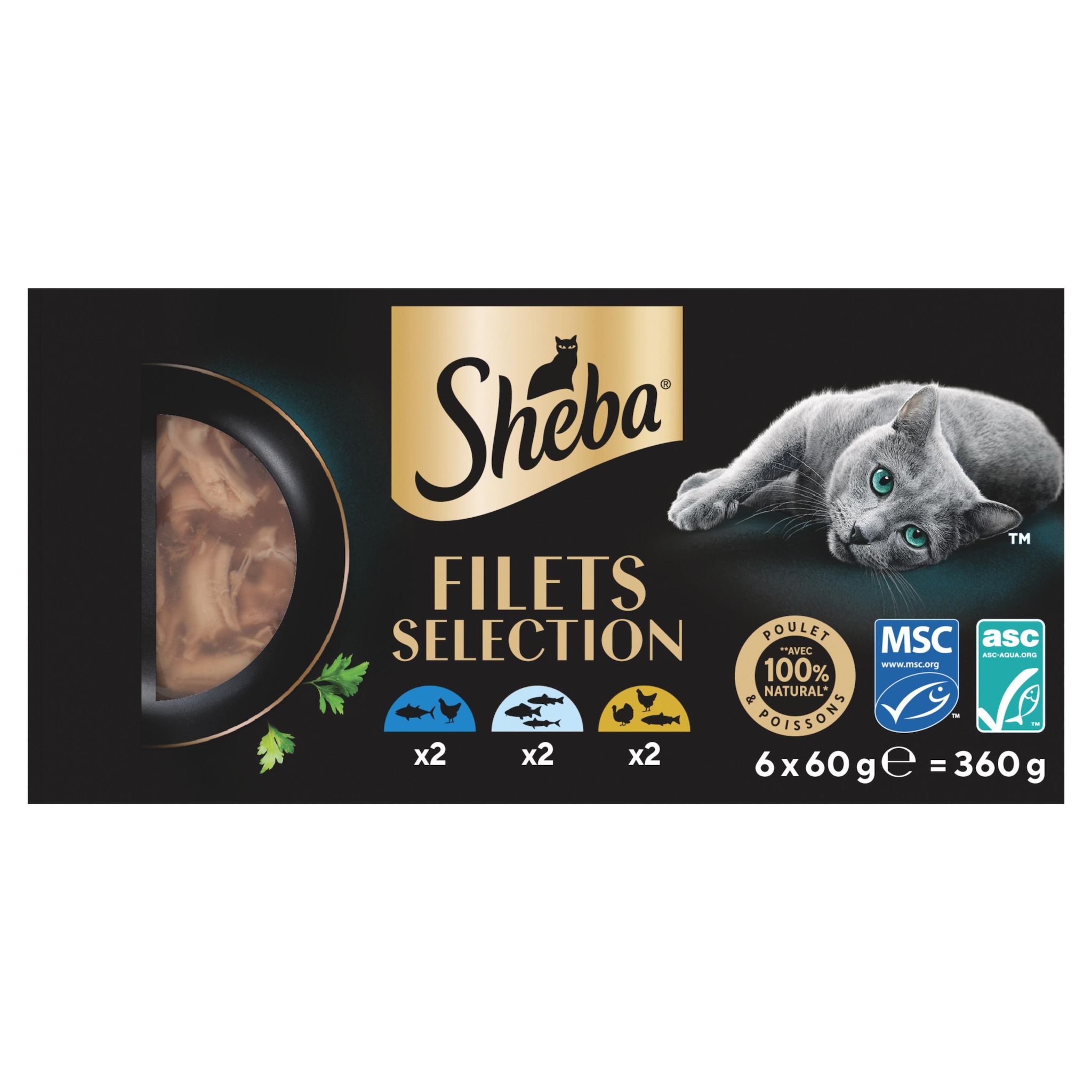 SHEBA Filets sélection Barquettes thon MSC poulet poissons blancs ASC saumon ASC pour chat adulte 6 barquettes 6x60g