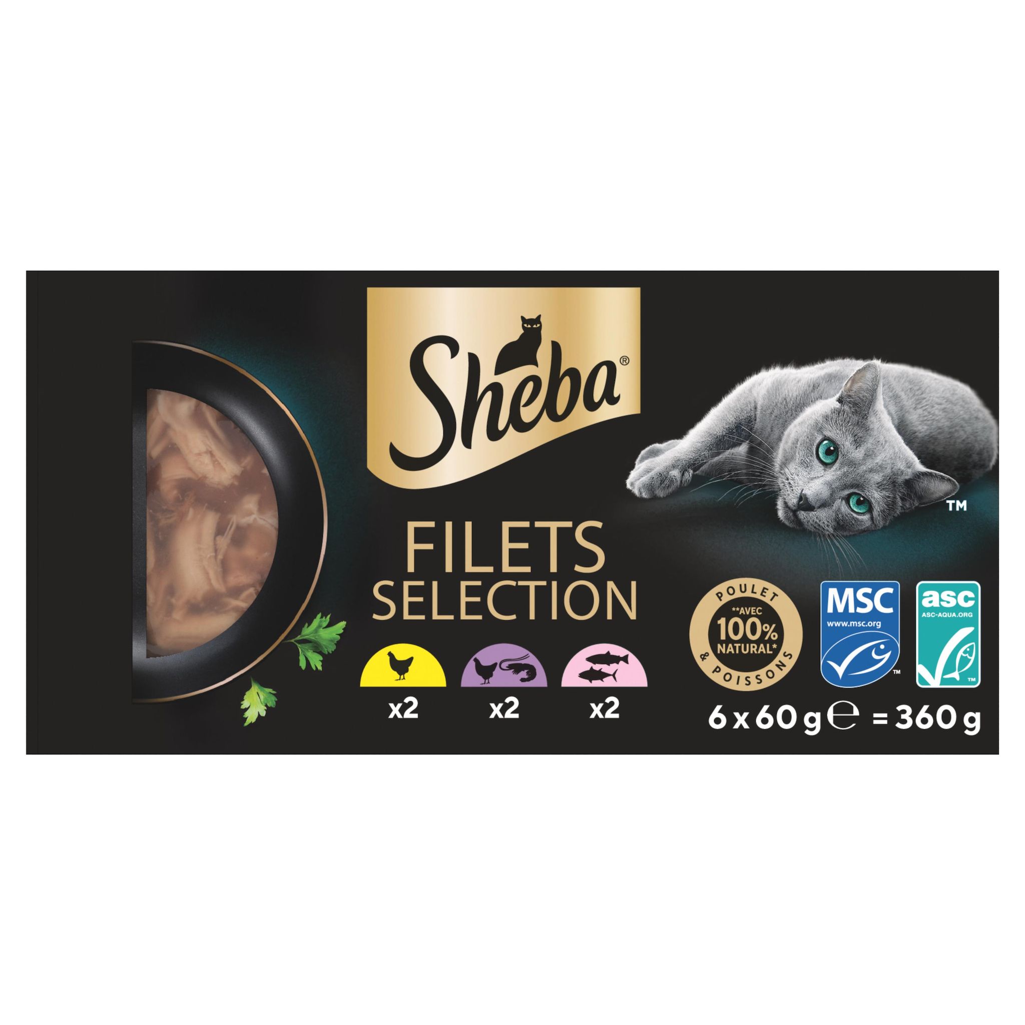 SHEBA Filets sélection Barquettes au poulet crevettes ASC et poissons MSC pour chat adulte 6 barquettes 6x60g