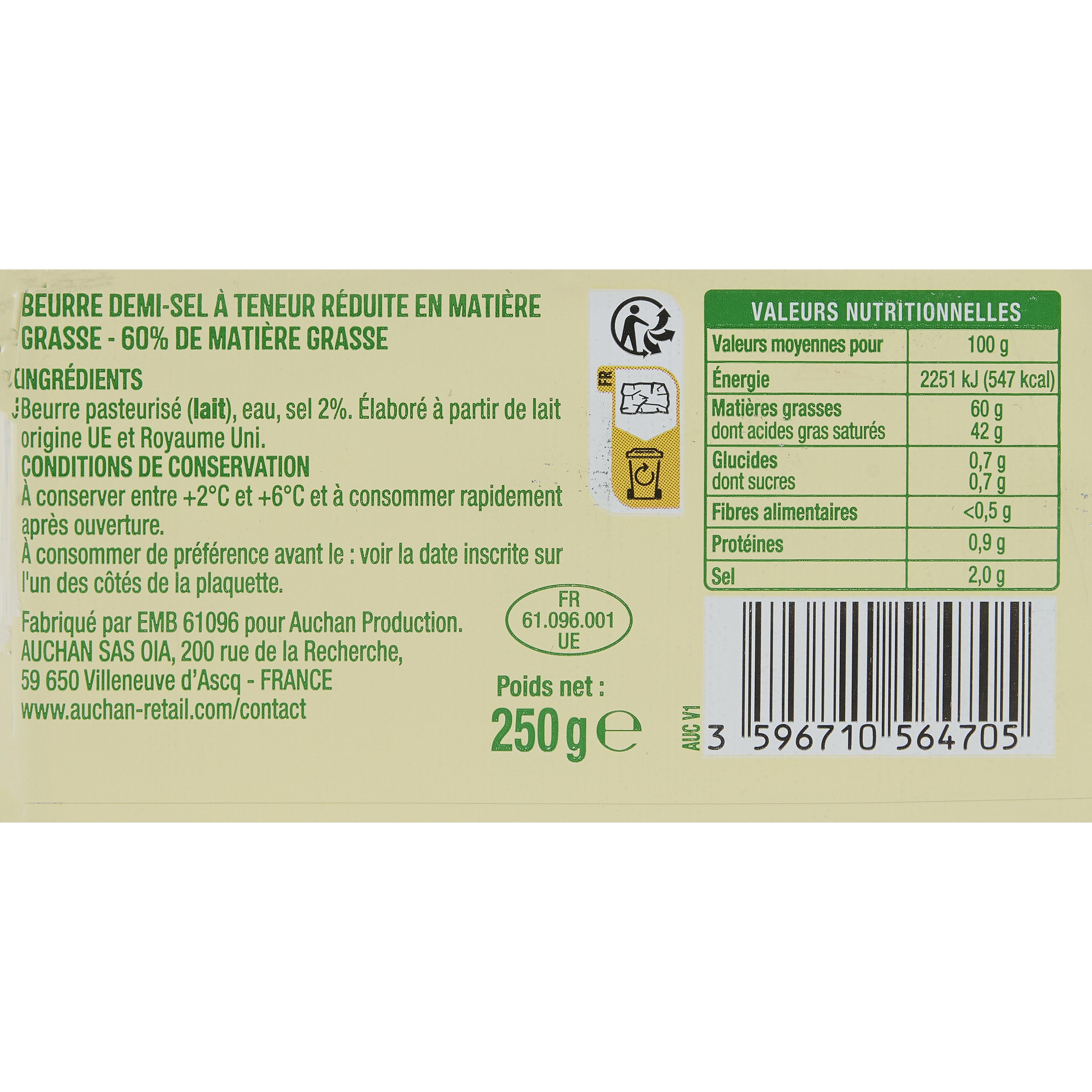 Voir la diapositive 2 : AUCHAN Beurre demi-sel 60%MG 250g