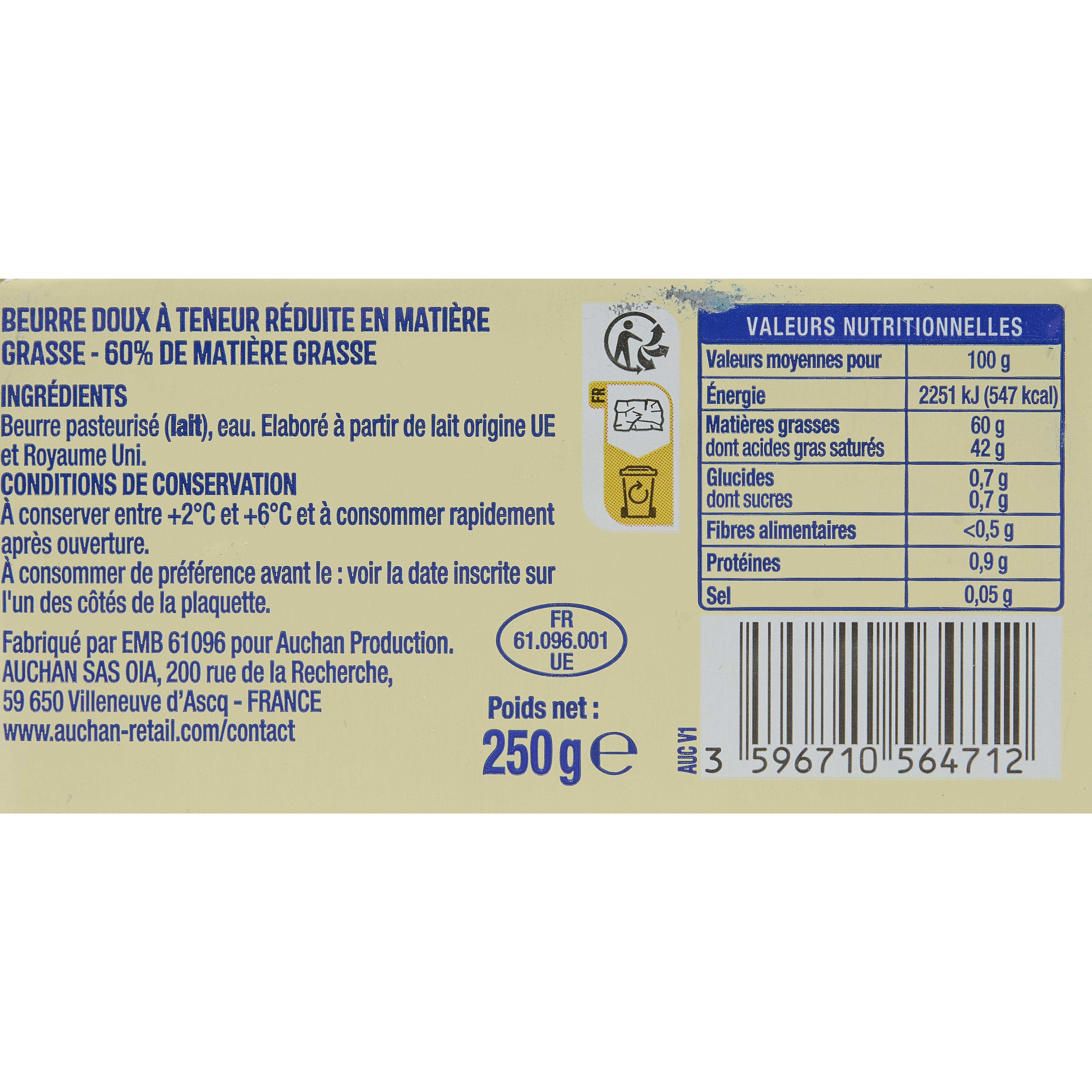 Voir la diapositive 3 : AUCHAN Beurre doux 60%MG 250g