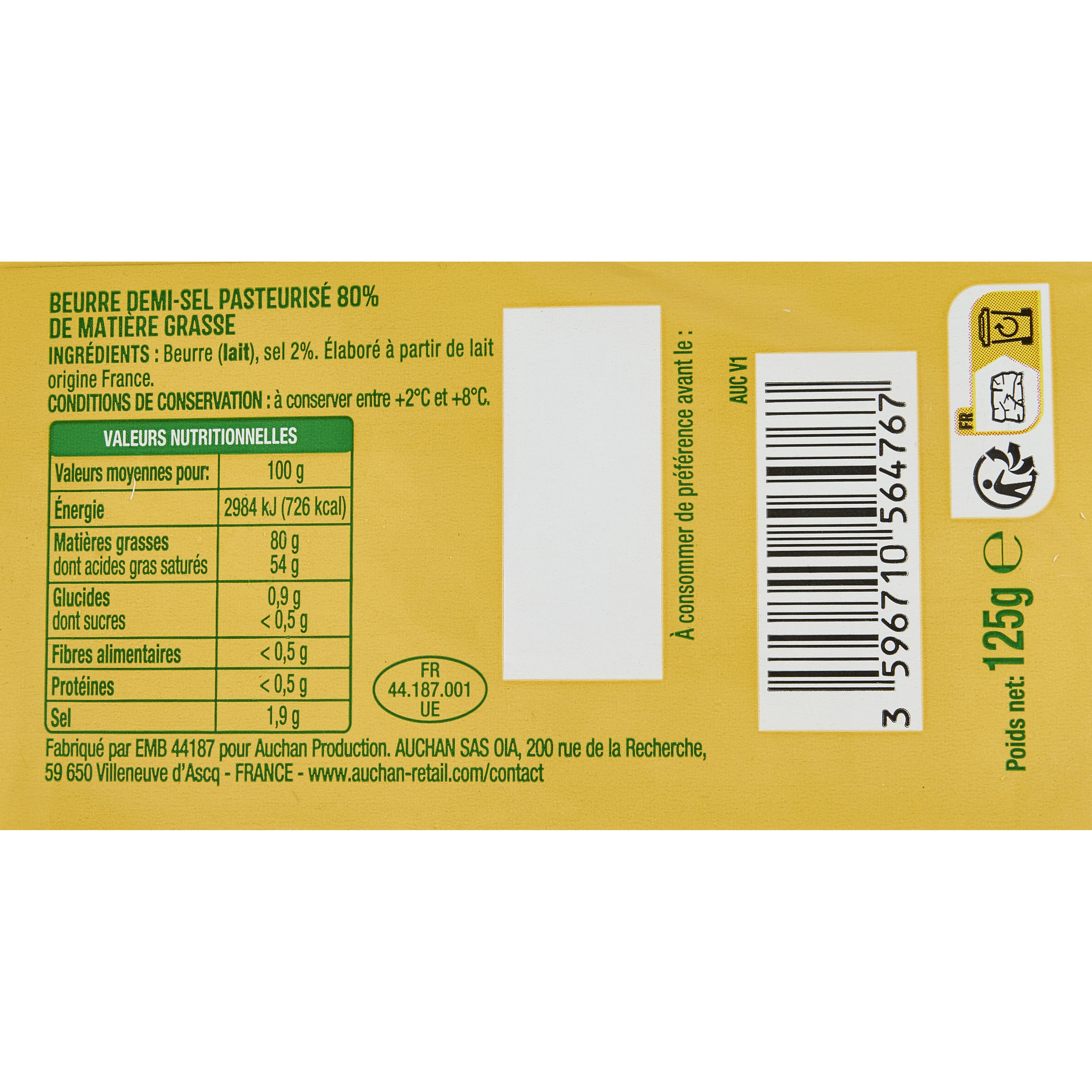 Voir la diapositive 2 : AUCHAN Beurre demi-sel pour tartine et cuisson 80%MG 125g