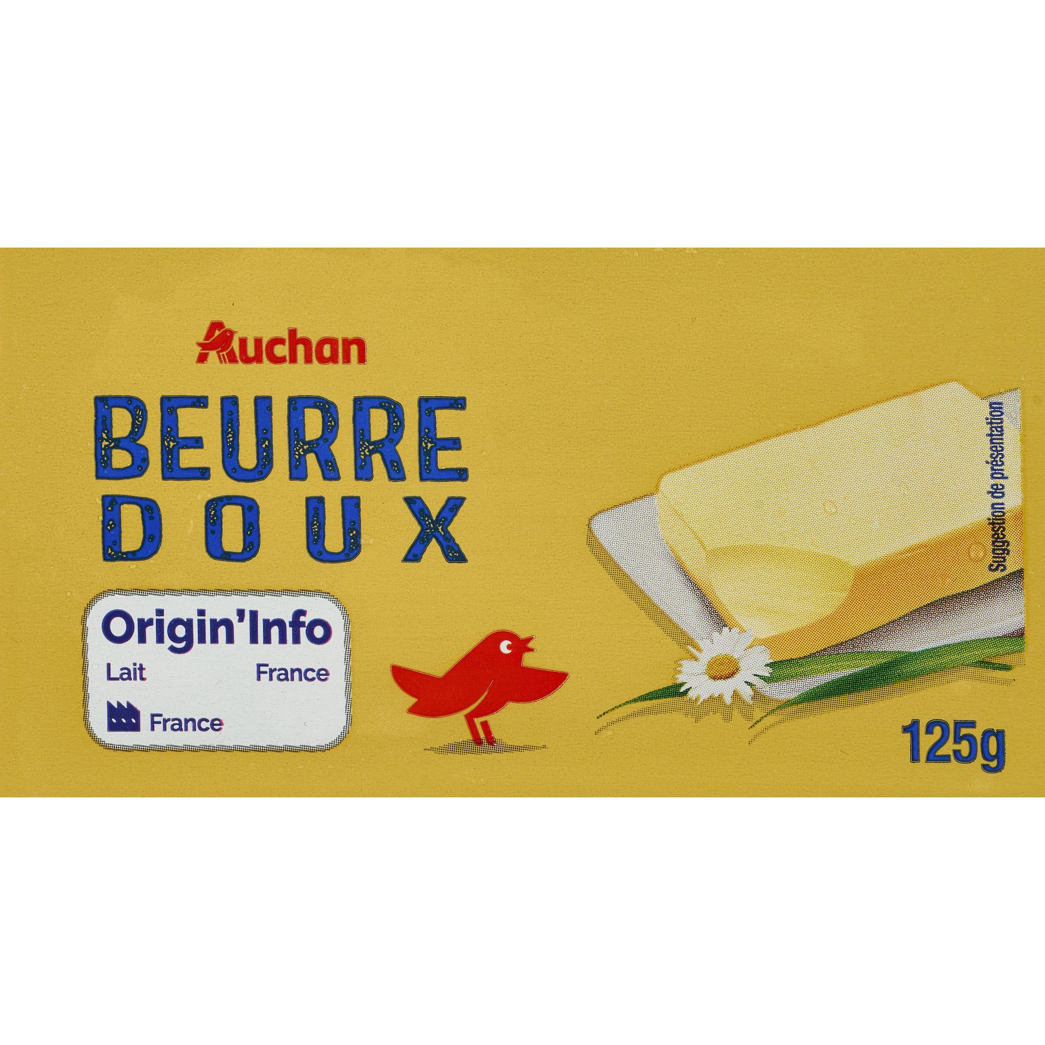 AUCHAN Beurre doux plaquette pour tartine et cuisson 82%MG 125g