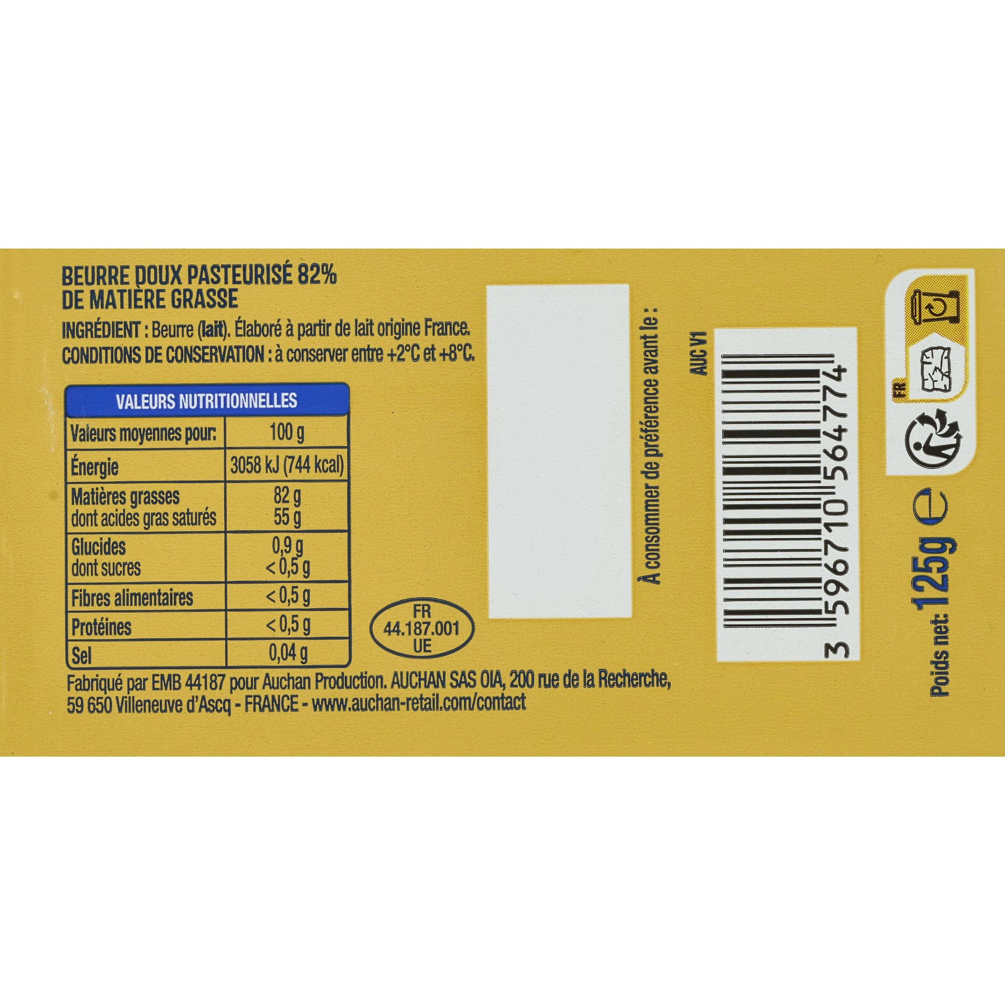 Voir la diapositive 2 : AUCHAN Beurre doux plaquette pour tartine et cuisson 82%MG 125g