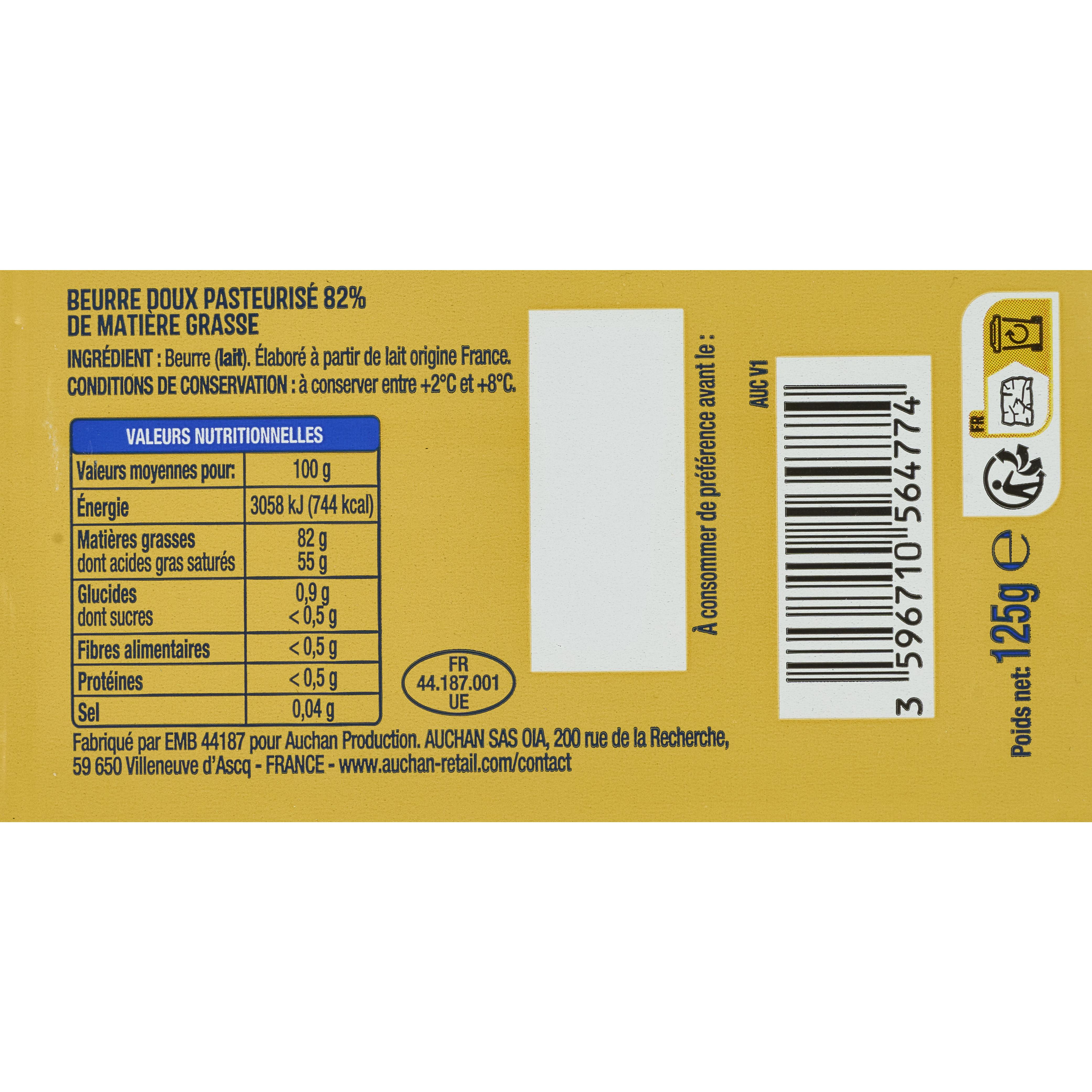 Voir la diapositive 3 : AUCHAN Beurre doux plaquette pour tartine et cuisson 82%MG 125g