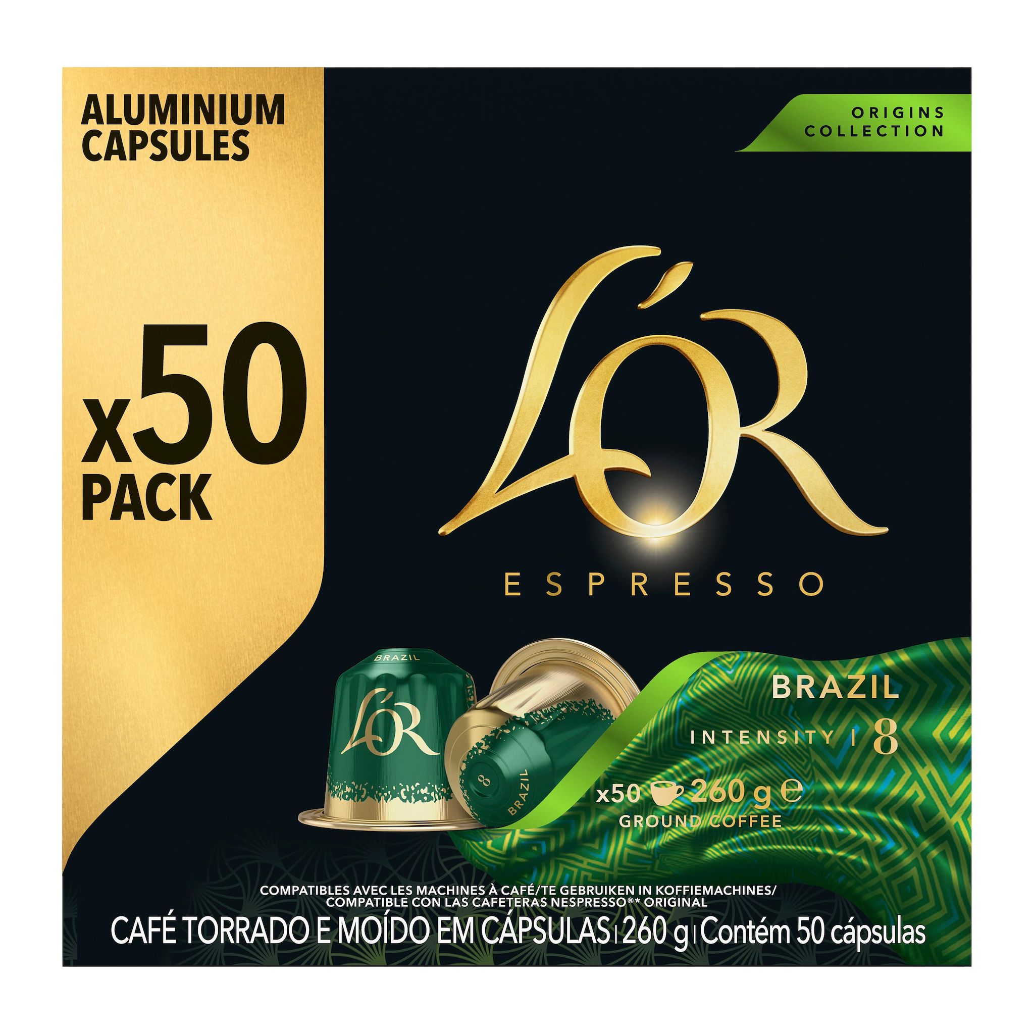 L'OR ESPRESSO Capsules de café Brazil aux notes d'amandes caramel et abricot Intensité 8 compatibles Nespresso 50 capsules 260g