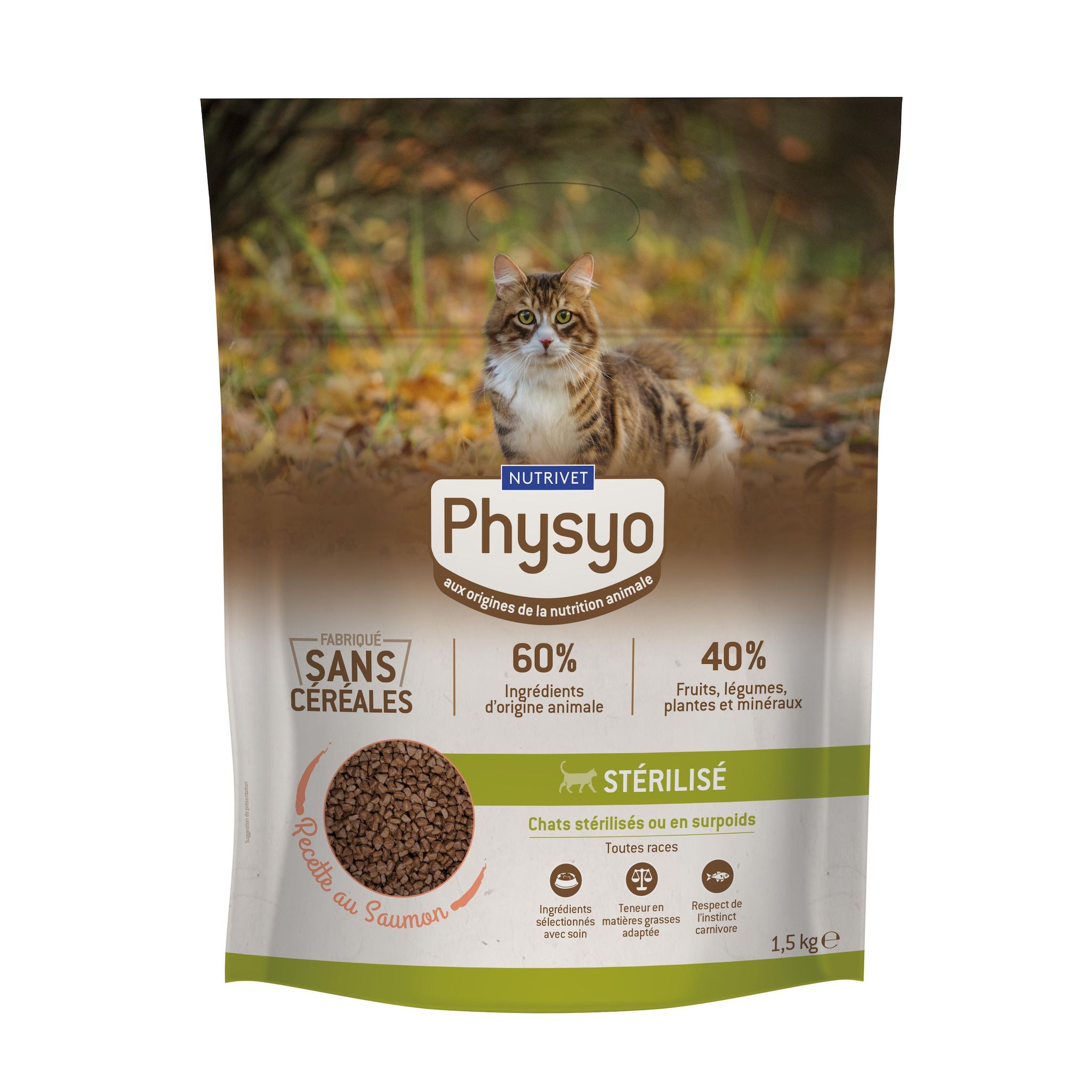 PHYSYO Croquettes au saumon sans céréales pour chat stérilisé ou en surpoids 1.5kg