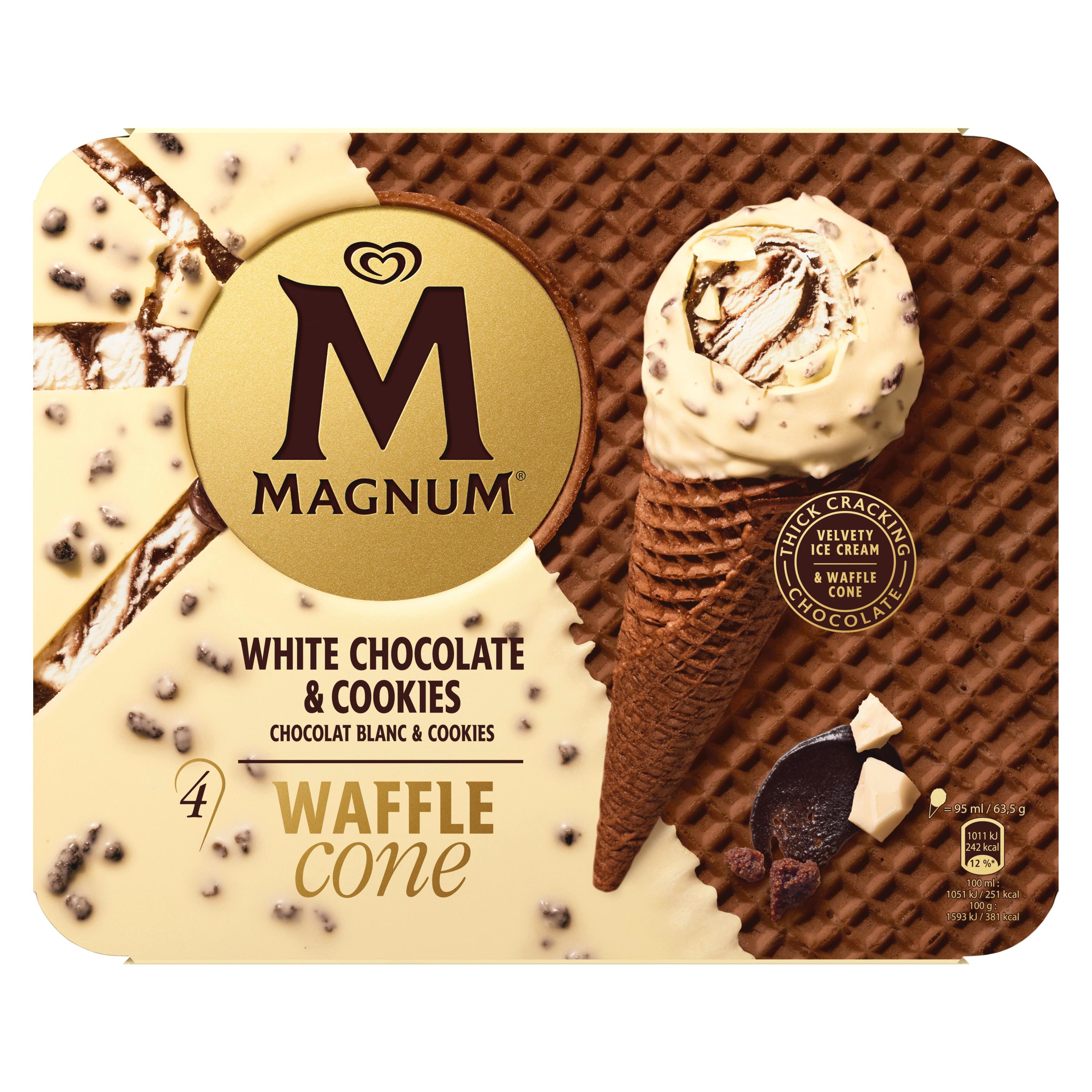 MAGNUM Cônes glacés chocolat blanc et cookie 4 pièces 254g
