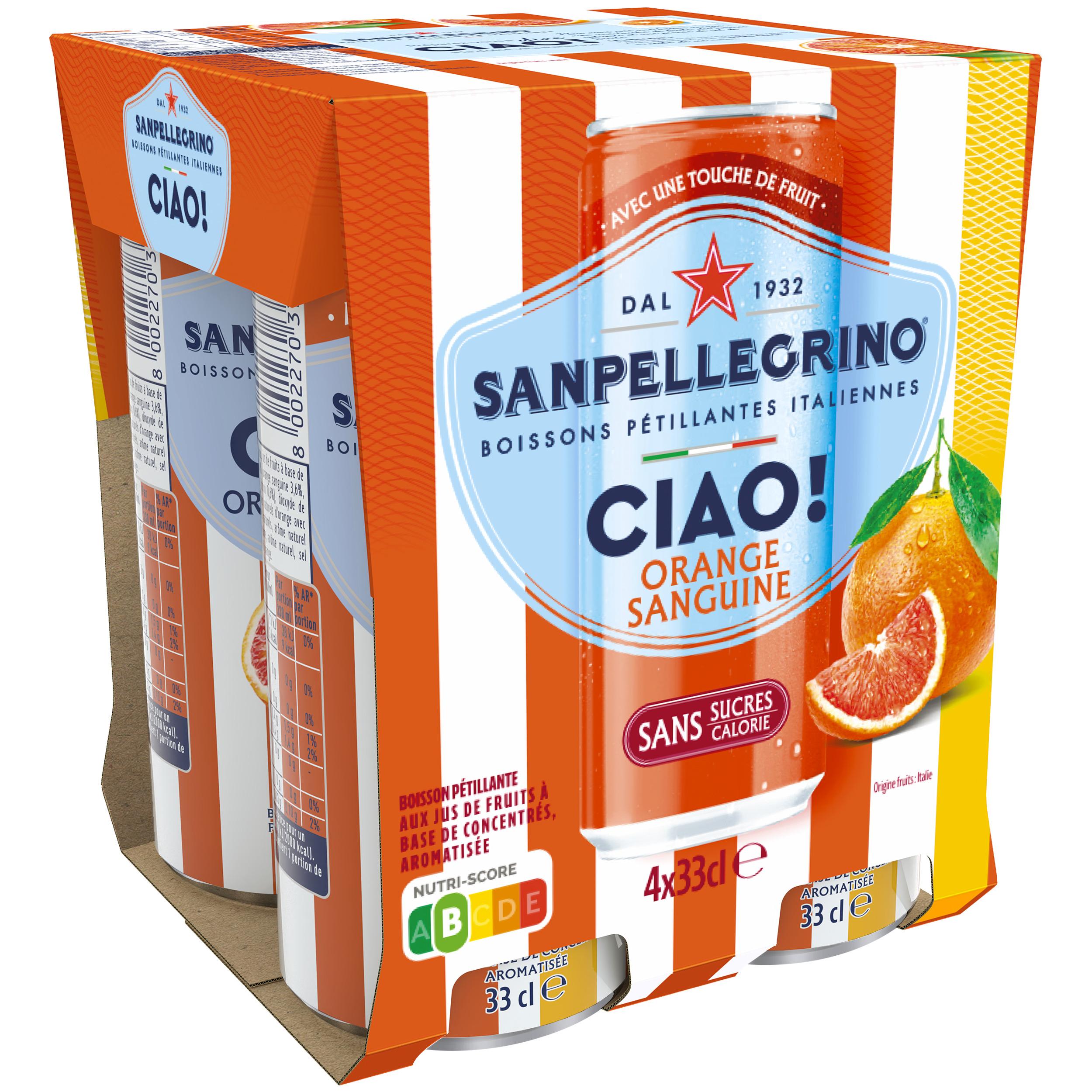 Voir la diapositive 2 : SAN PELLEGRINO Ciao! Boisson gazeuse aromatisée orange sanguine sans sucres boîtes 4x33cl