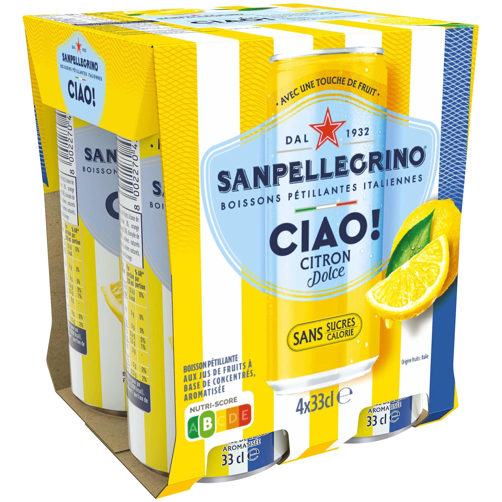 SAN PELLEGRINO Ciao Boisson gazeuse aromatisée citron sans sucres boîtes 4x33cl