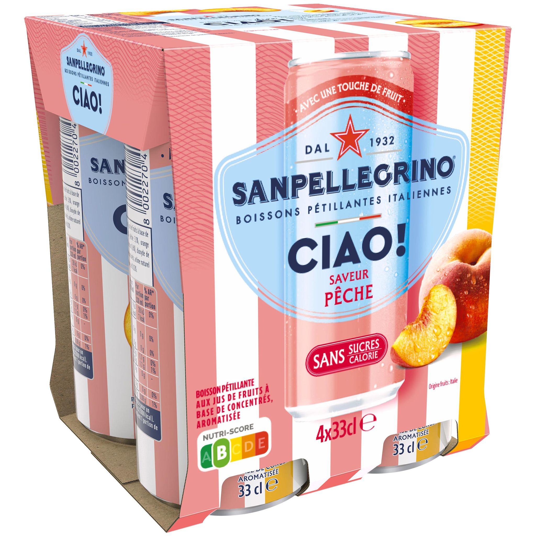 SAN PELLEGRINO Ciao Boisson gazeuse aromatisée pêche sans sucres boîtes 4x33cl