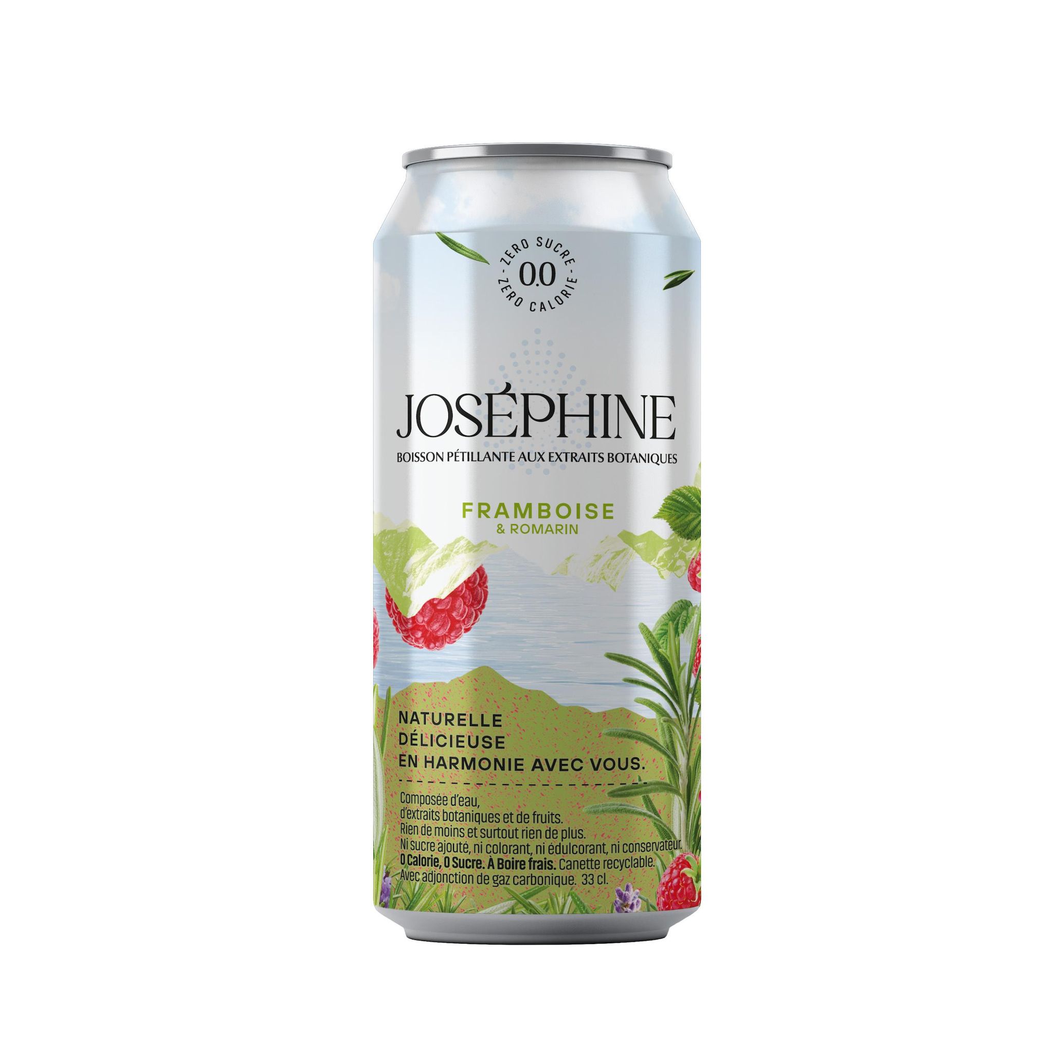 JOSEPHINE Eau de source pétillante aux extraits botaniques framboise romarin sans sucres boîte 33cl
