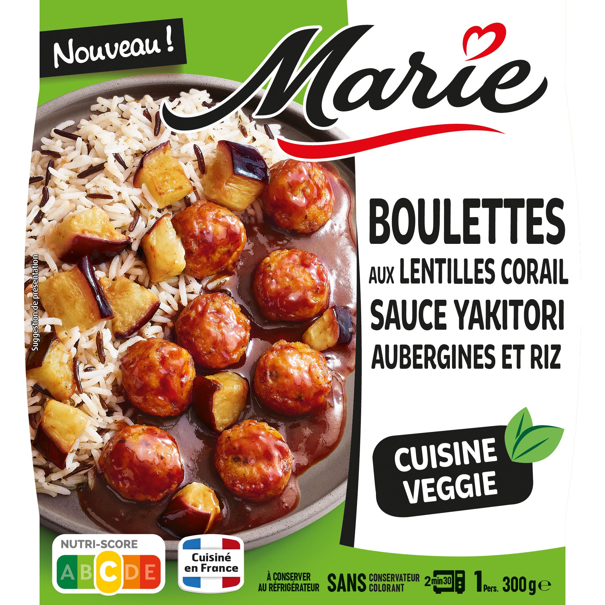 MARIE Boulettes aux lentilles corail sauce yakitori aubergines et riz 1 part 300g